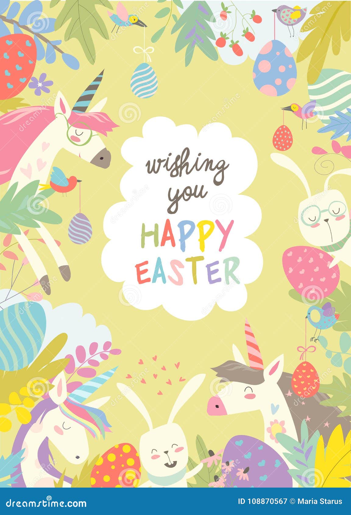 Cute Frame Composed of Easter Bunnies,unicorns and Easter Egg Stock