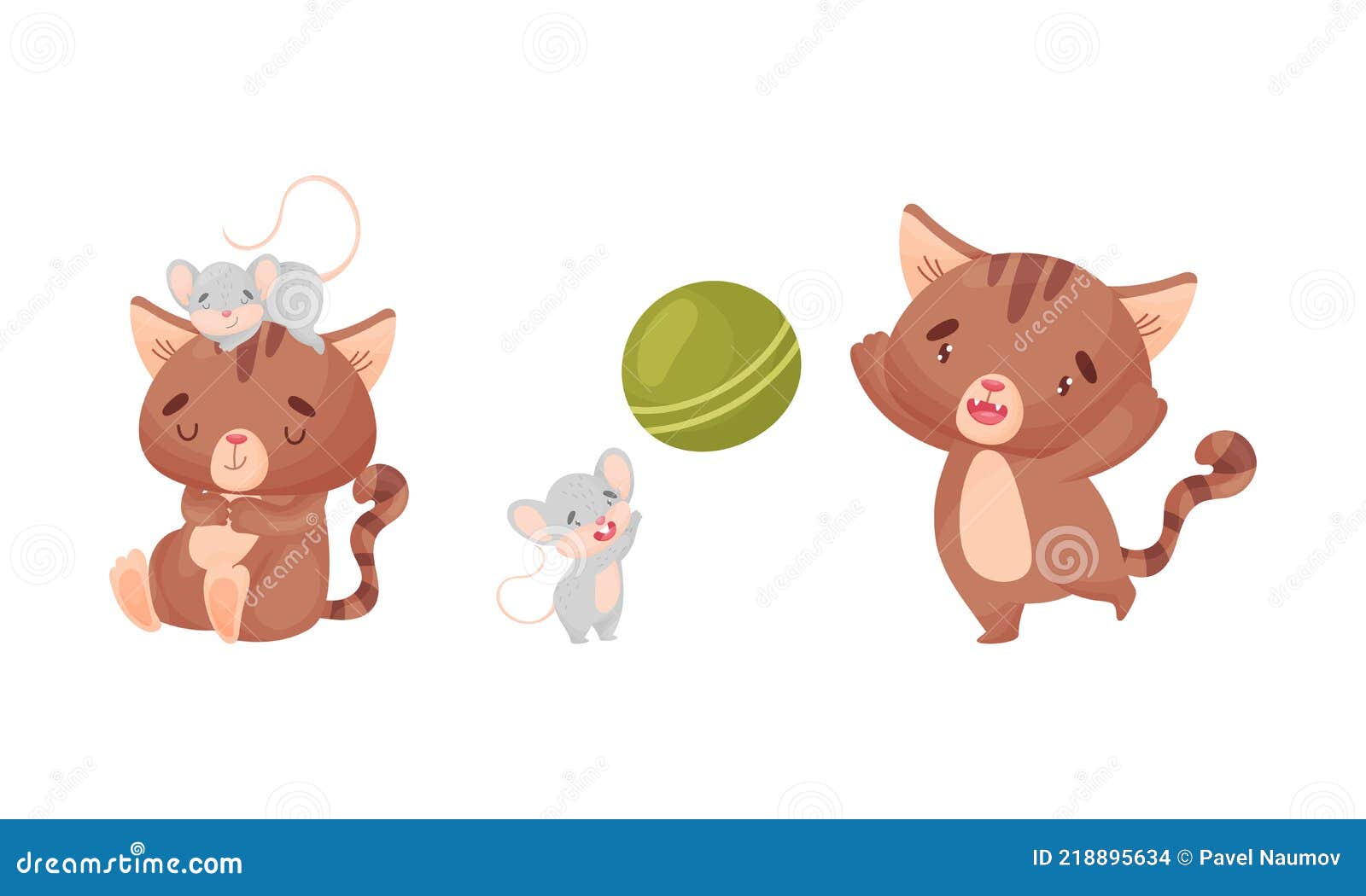 Cute Friendly Cat and Mouse Playing Ball and Sleeping Vector Set Stock  Vector - Illustration of furry, spending: 218895634