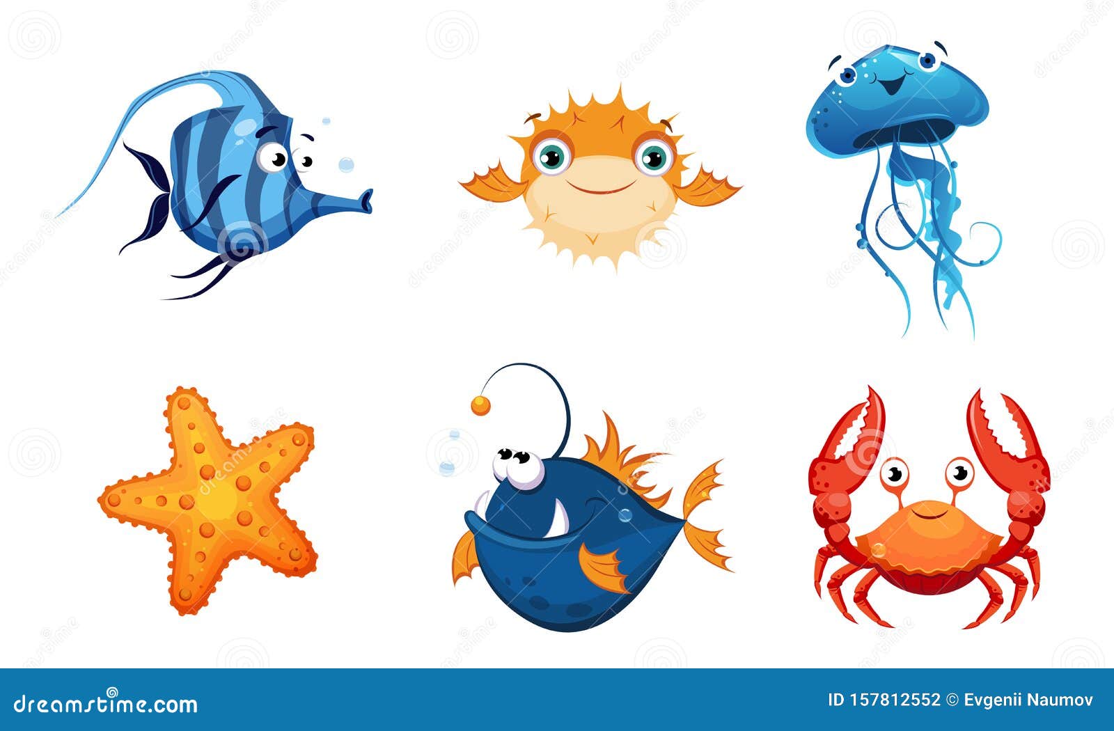 Cute Friendly Sea Creatures Set, Colorful Sea Fishes And