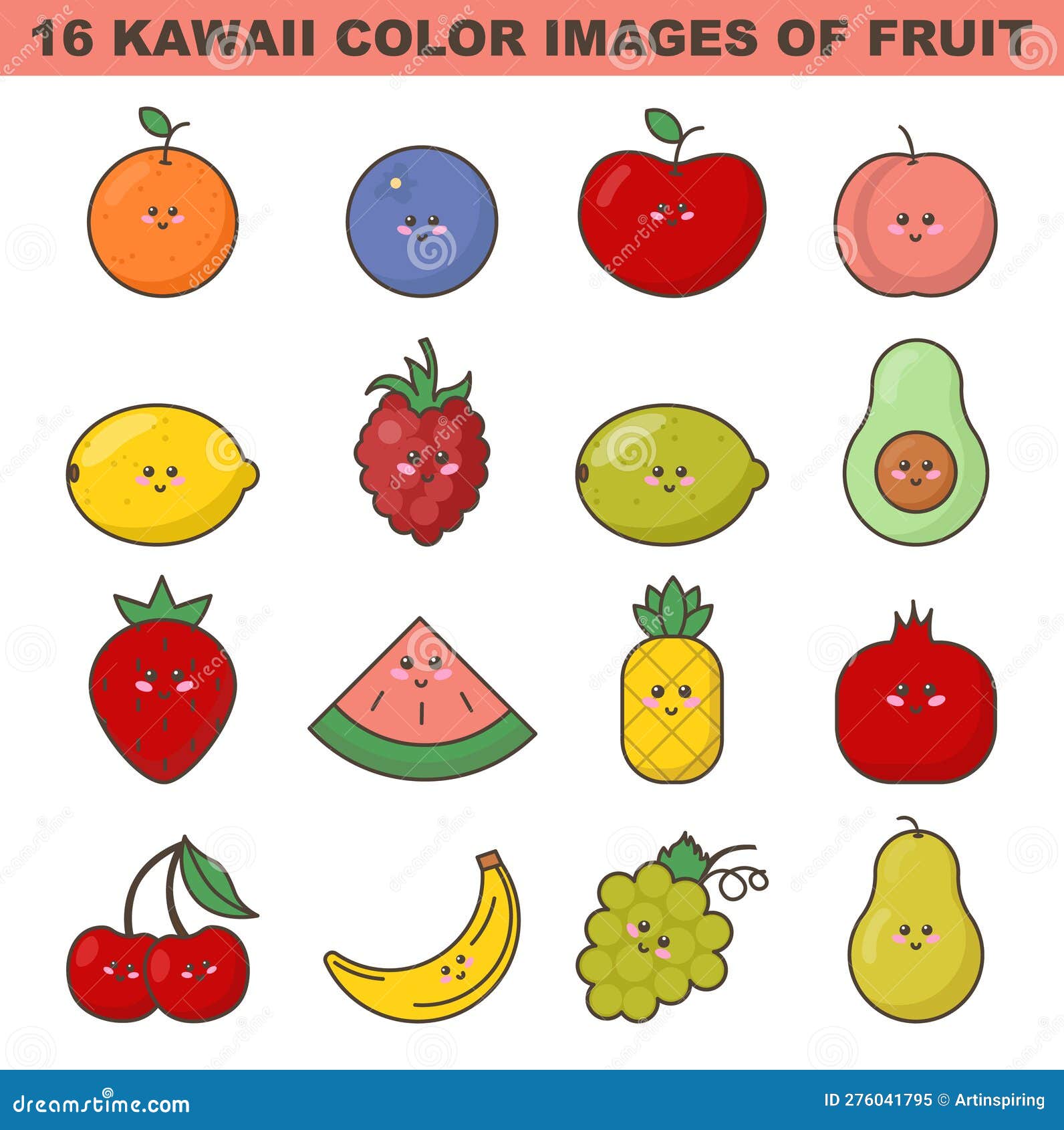 Cute Fruits and Berries Stickers or Icons Set. Kawaii Fresh and Sweet