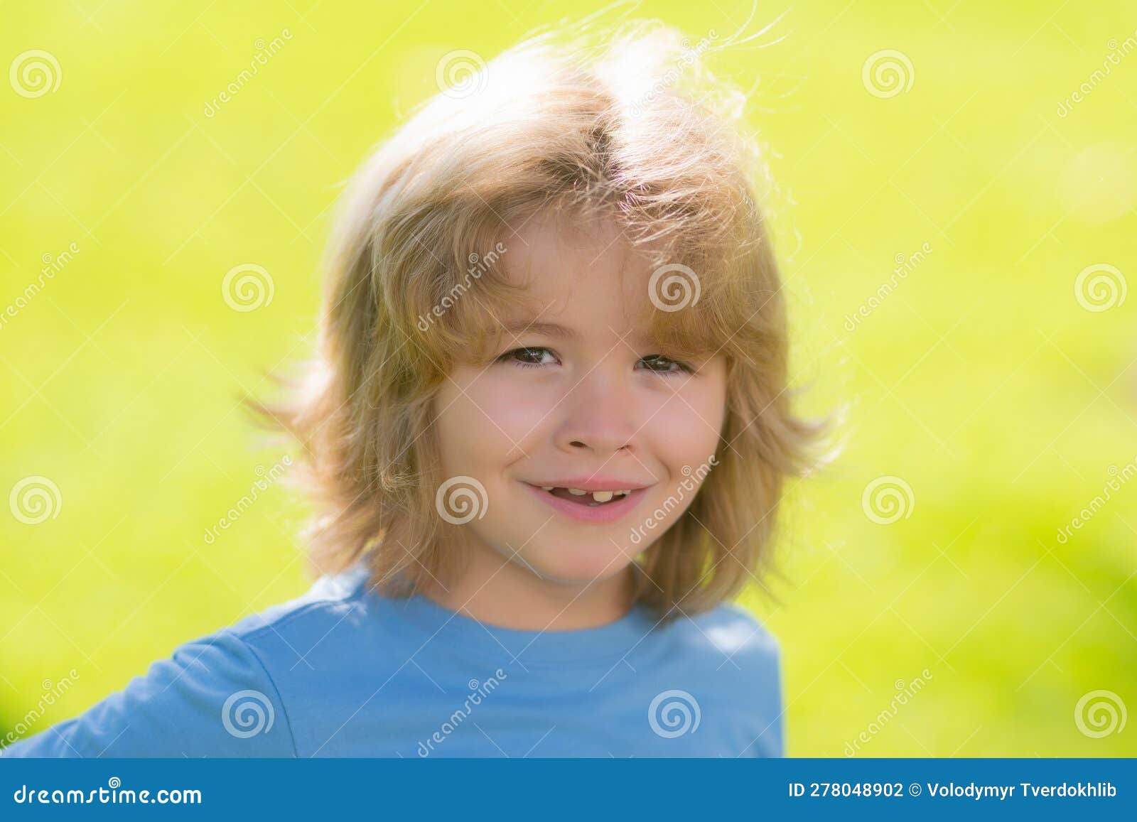 Cute Funny Blonde Little Child Close Up Portrait on Green Grass ...