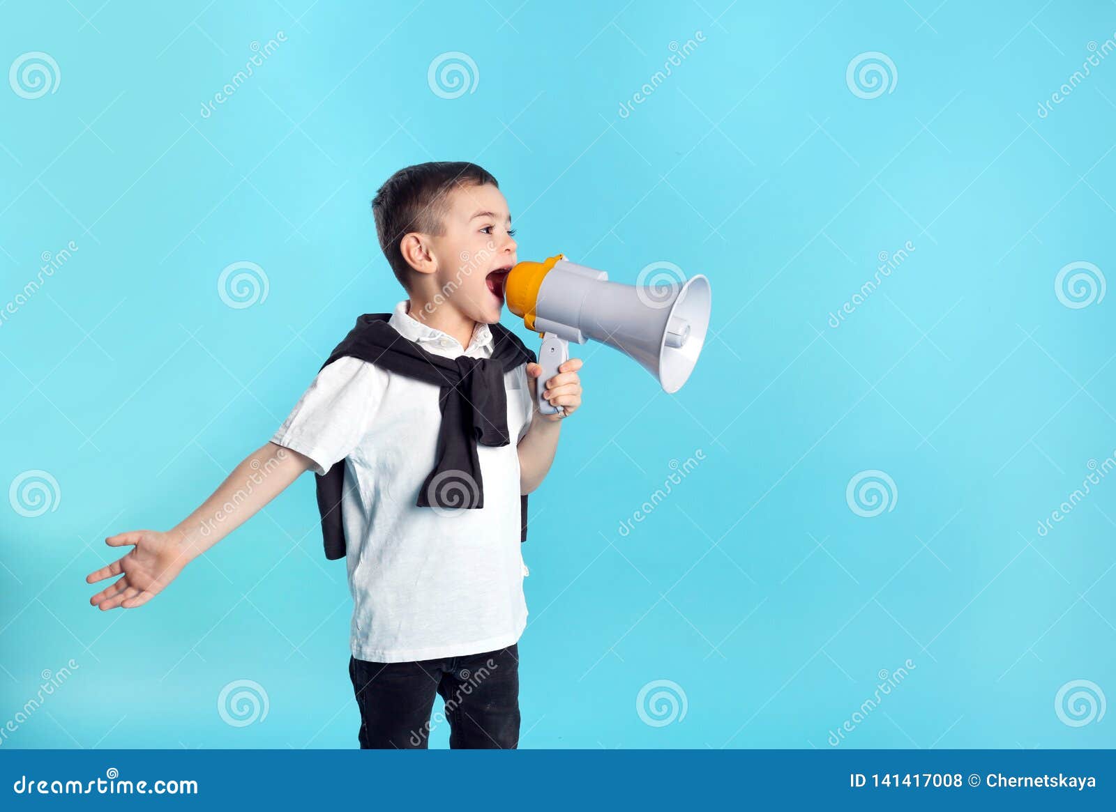 Cute Funny Boy with Megaphone on Color Background. Stock Photo Image of information, little