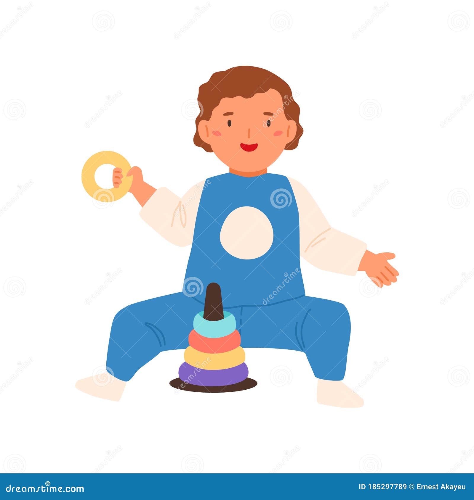 cute funny boy playing with pyramid toy  flat . colorful baby holding building stack up ring 