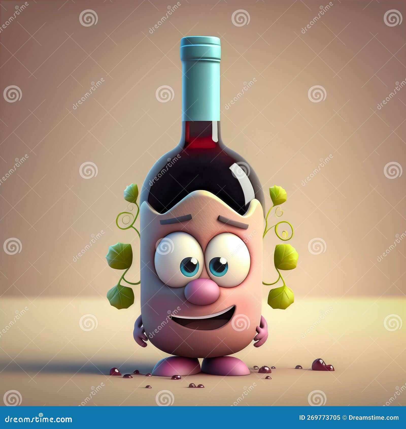 cute and funny cartoon bottle of tipsy red wine, generative ai