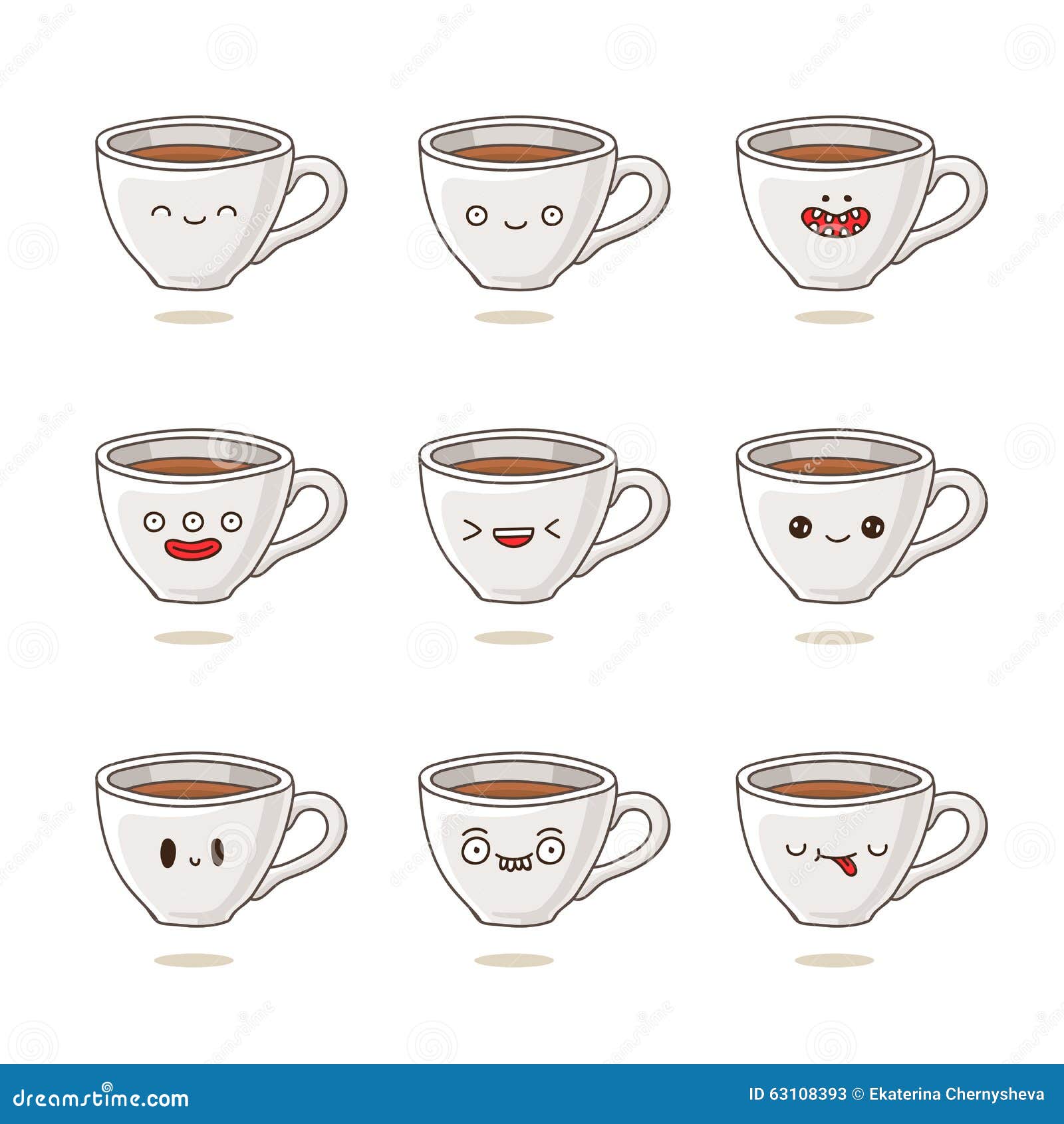 Cute And Funny Coffee Cups With Different Emotions Stock Illustration ...
