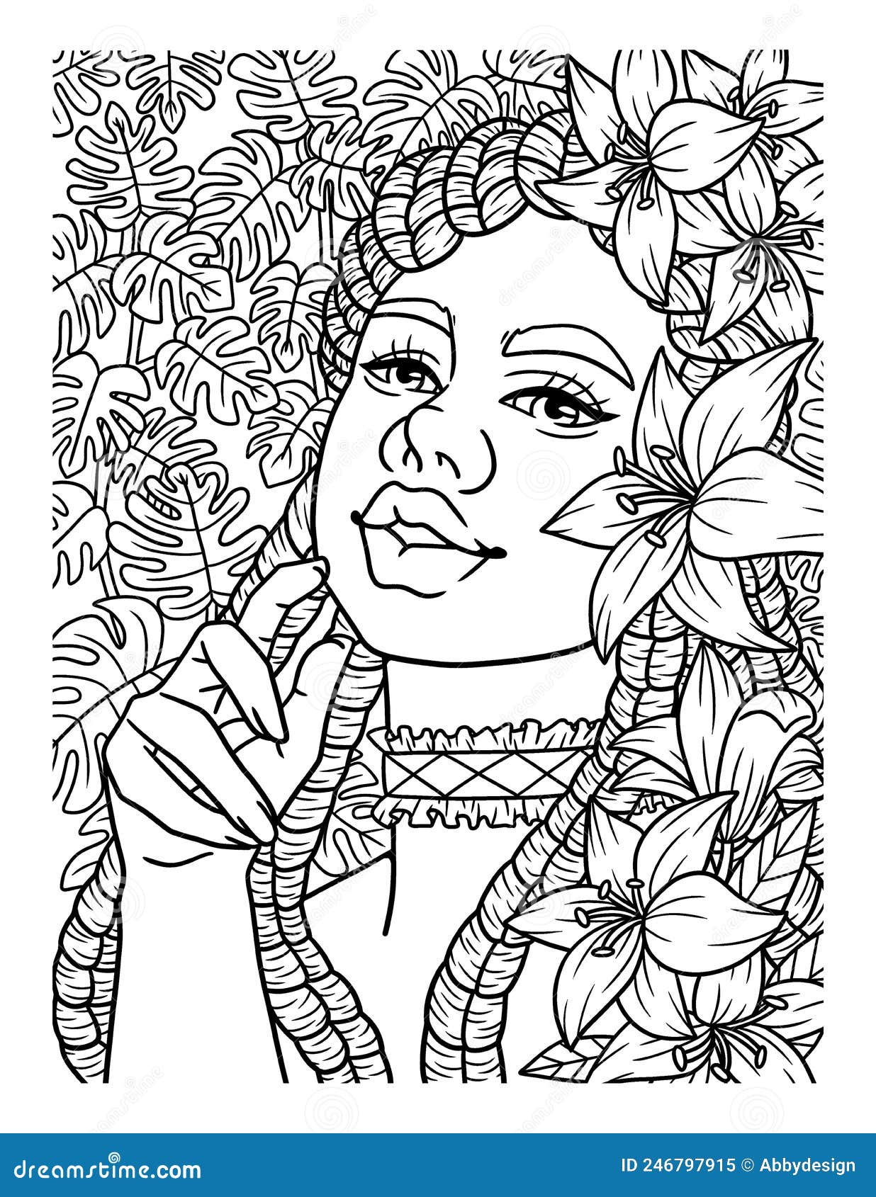 Afro American Flower Girl Adult Coloring Stock Vector - Illustration of ...
