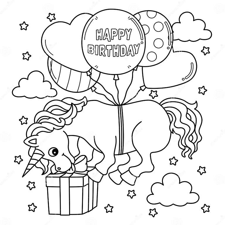 Happy Birthday Unicorn Coloring Page for Kids Stock Illustration ...