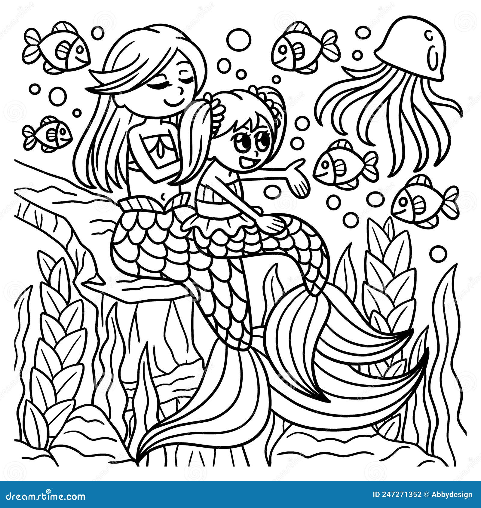 Mother and Daughter Mermaid Coloring Page Stock Vector - Illustration ...