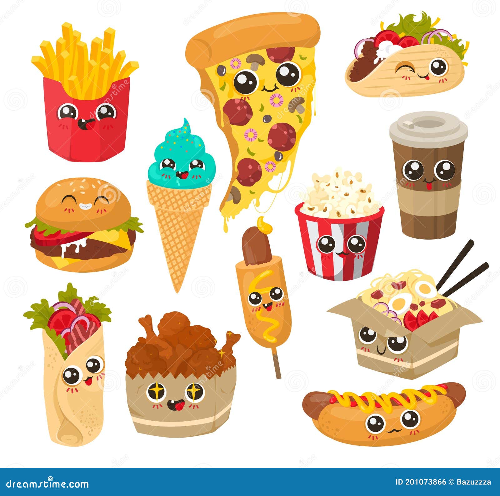 Cute and Funny Fast Food Character Set, Flat Vector Illustration. Happy ...