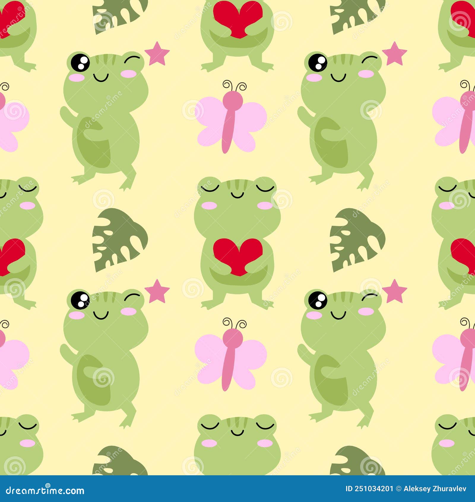 Cute Funny Green Frog Seamless Pattern. Vector Hand Drawn Cartoon ...