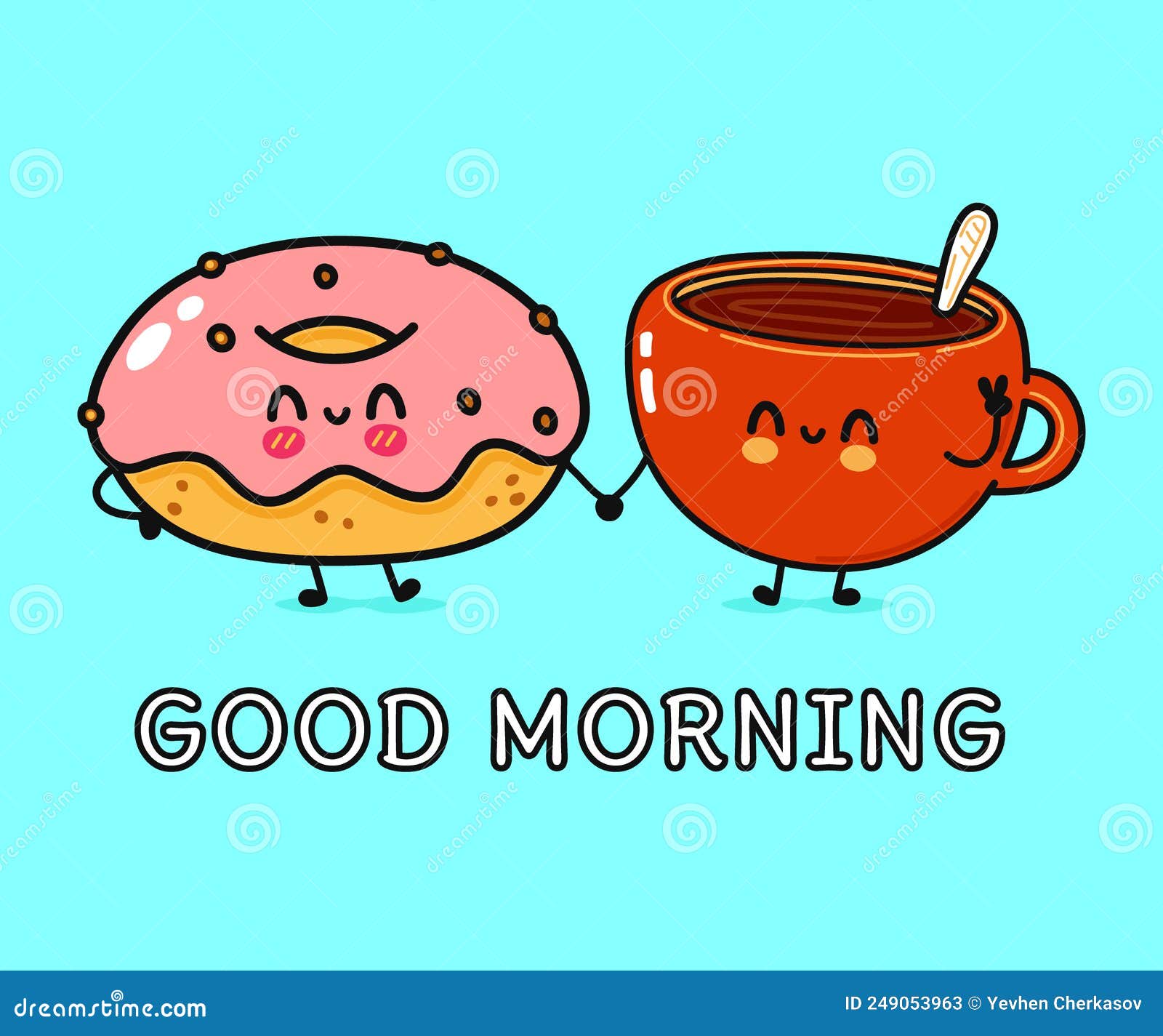 Cute, Funny Happy Cup of Coffee and Pink Donut Character. Vector Hand ...