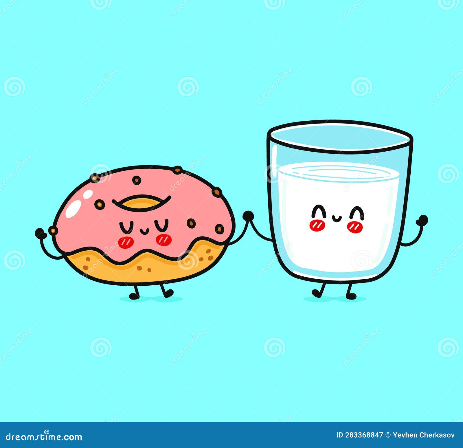 Pink Donut and Glass of Milk Character. Vector Hand Drawn Cartoon ...