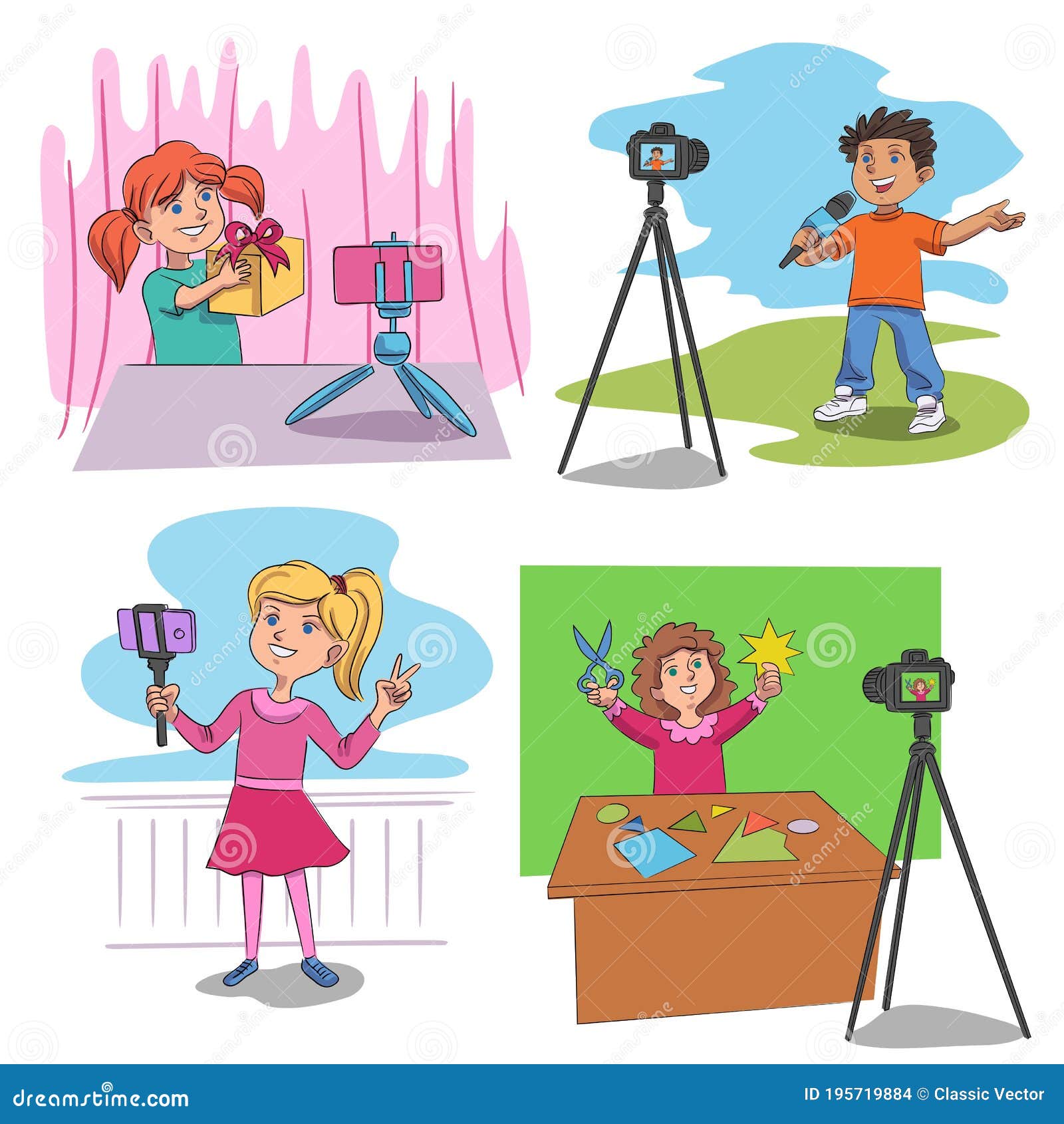 Cute Funny Kid Blogger Creating Content Vector Set Stock Vector -  Illustration of children, happy: 195719884