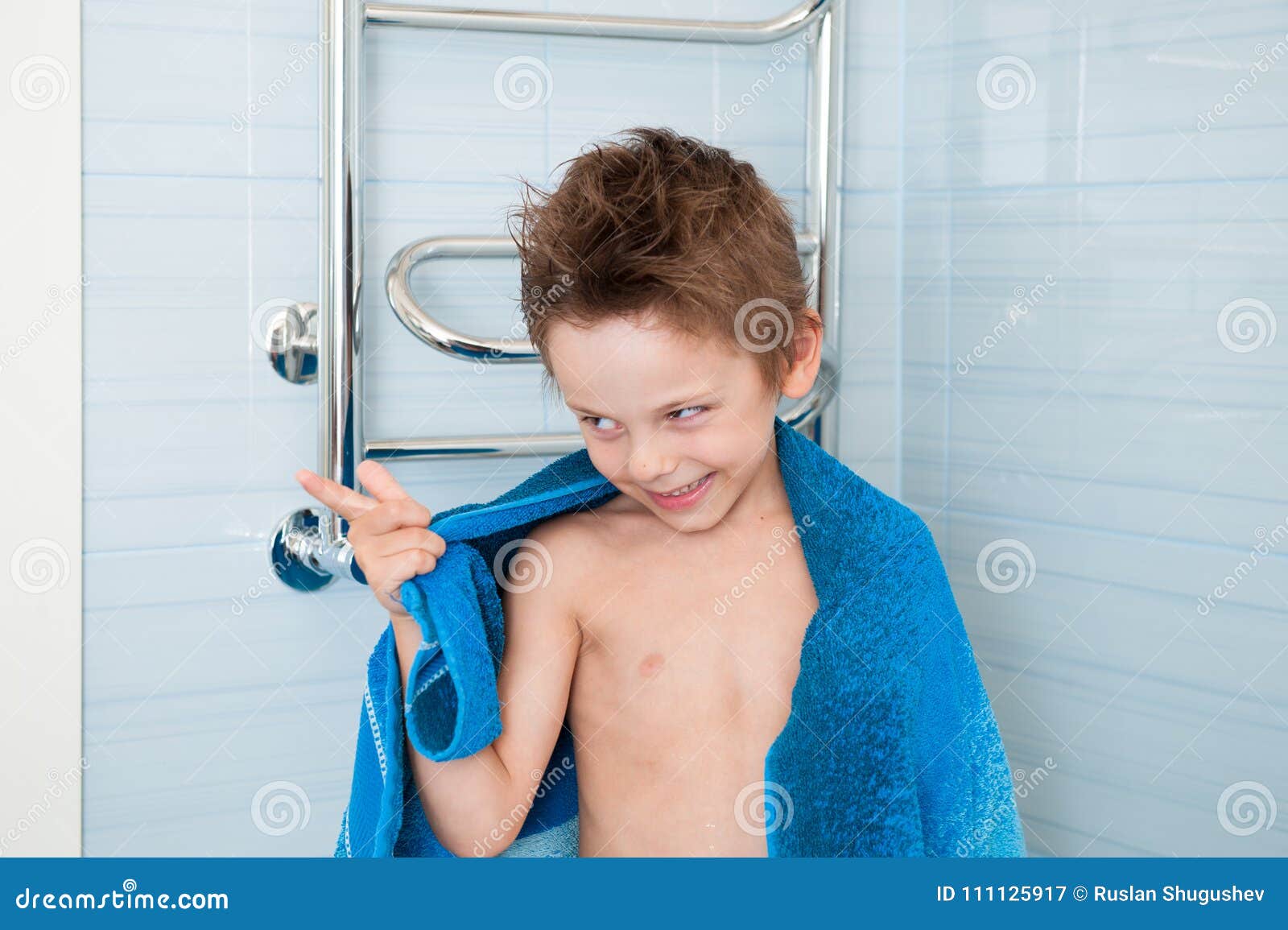 Cute Funny Little Boy with Towel on His Shoulders and Wet Hair in Blue  Bathroom Stock Image - Image of clean, finger: 111125917