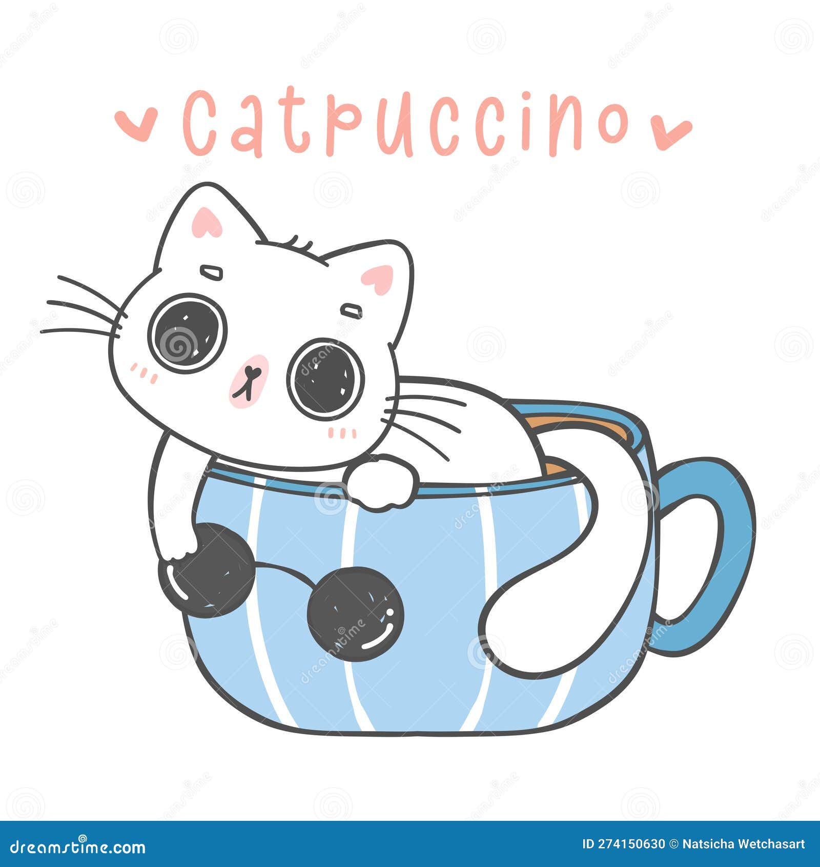Cute Funny Playful Kitten Cat in Coffee Cup, Catpuccino, Cartoon Animal ...