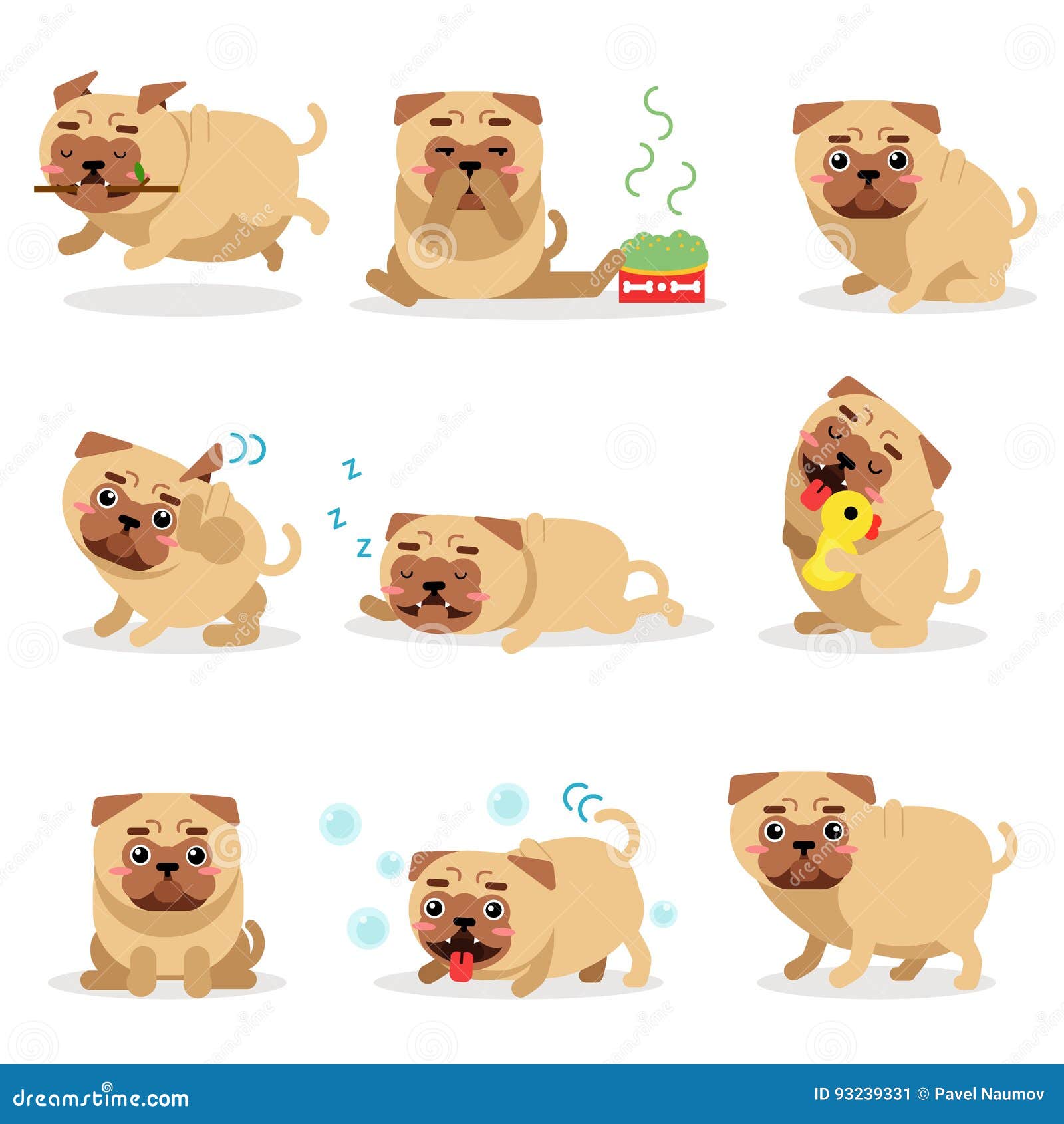 Cute Funny Pug Dog Activities during Day Set. Pug daily Routine Vector  Illustrations Stock Vector - Illustration of action, cartoon: 93239331