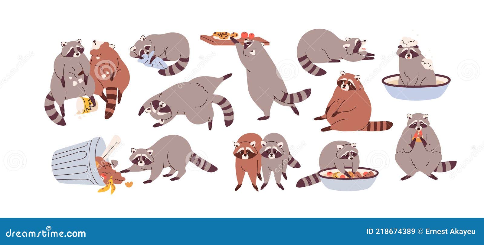 cute funny raccoons set. slow lazy racoon characters eating, overeating, sleeping and relaxing. sluggish sleepy animal