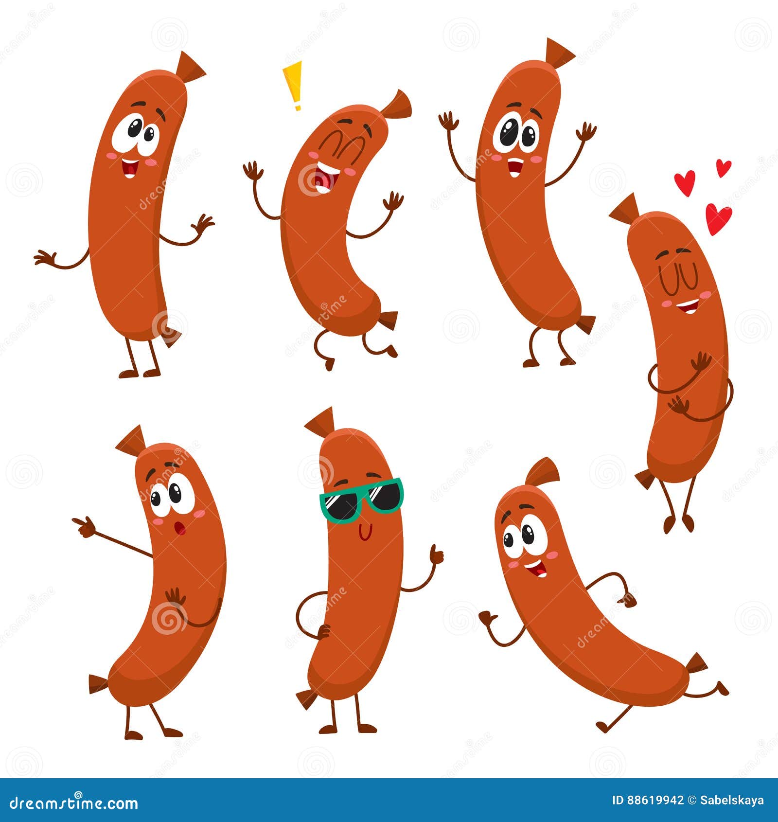 Cute and funny sausage characters with human face showing different emotion...