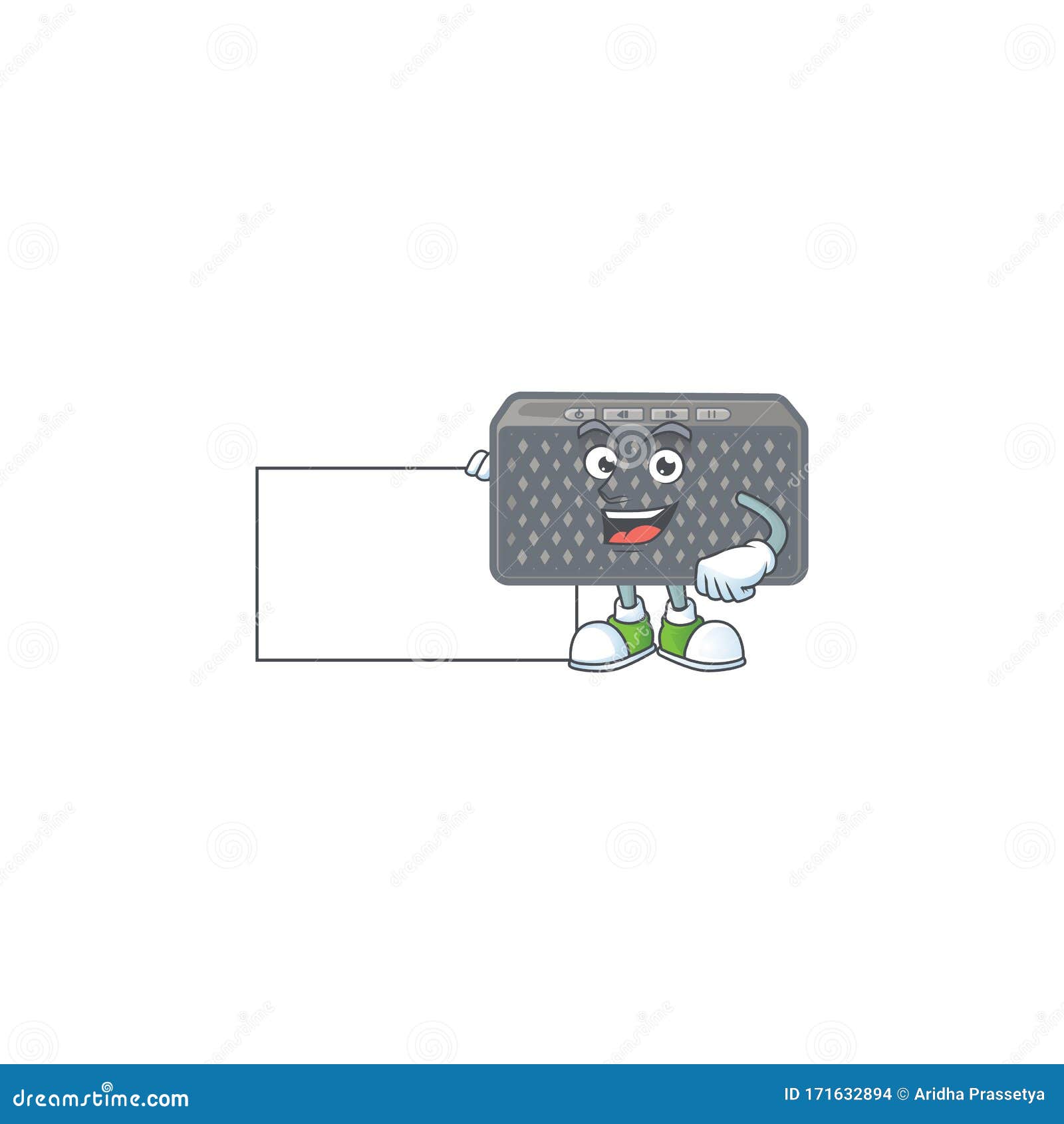 Cute Funny Wireless Speaker Cartoon Character Having a Board Stock