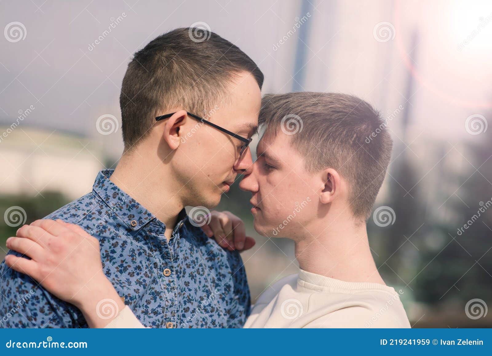 Cute Gay Couple in the City, Tender Gentle Kissing, Smiling Stock ...