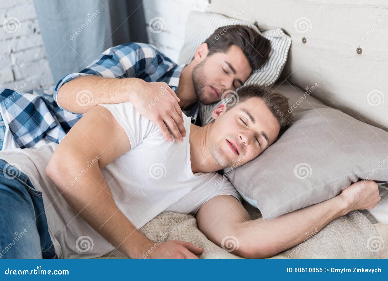 Cute Gay Couple Sleeping Together In Bed Stock Imag