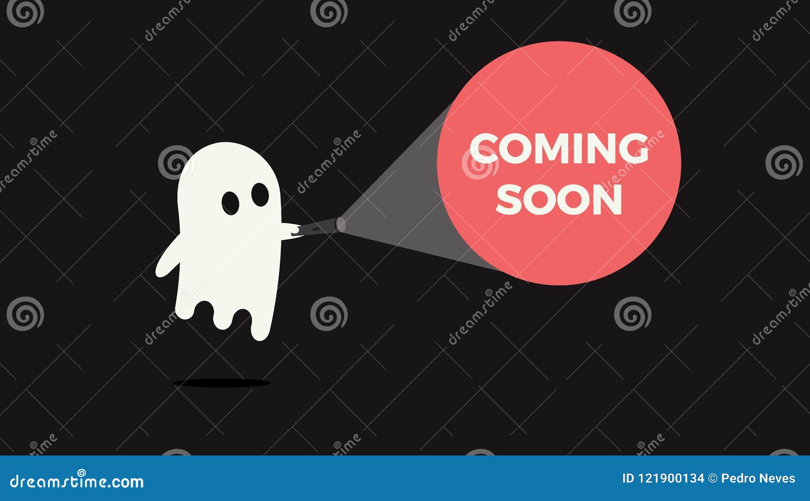 cute ghost with his flashlight pointing towards a message for new product or movie coming soon.