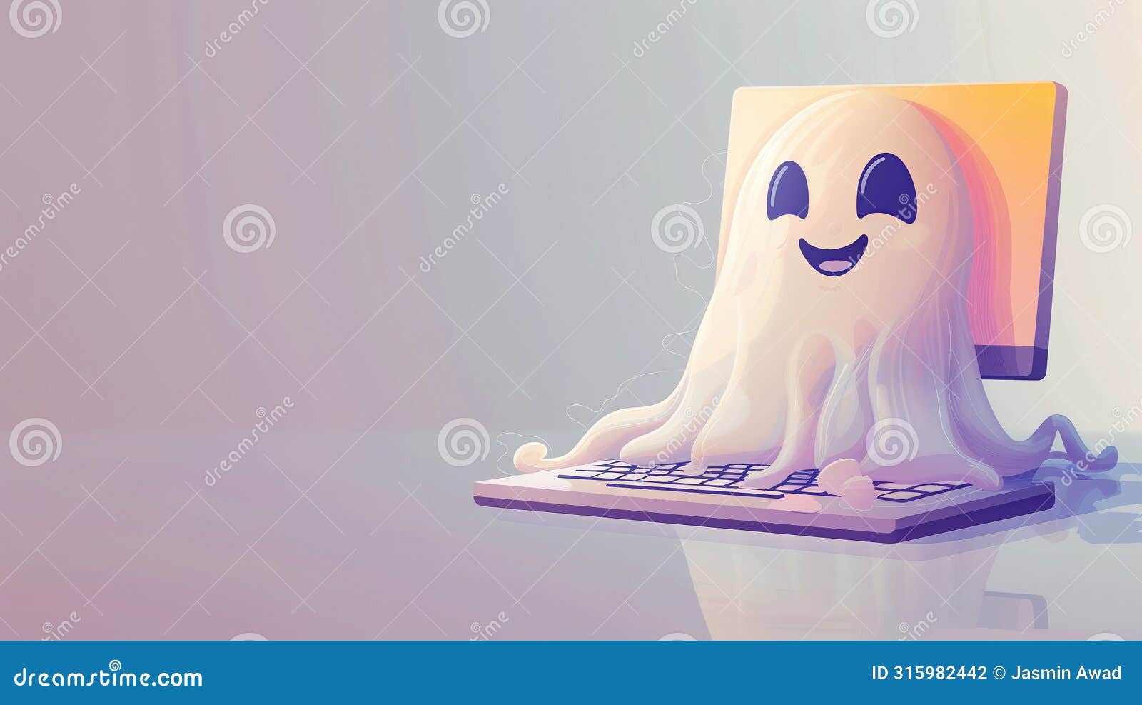 cute ghost typing on computer with copy space
