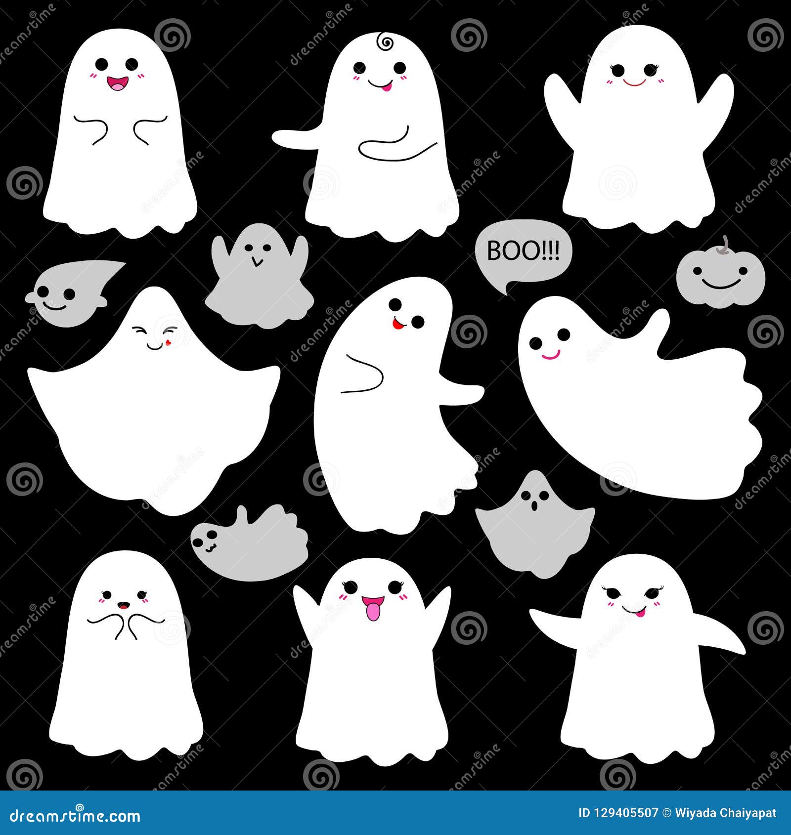 Cute Ghosts Icons on Black Halloween Stock Illustration - Illustration ...