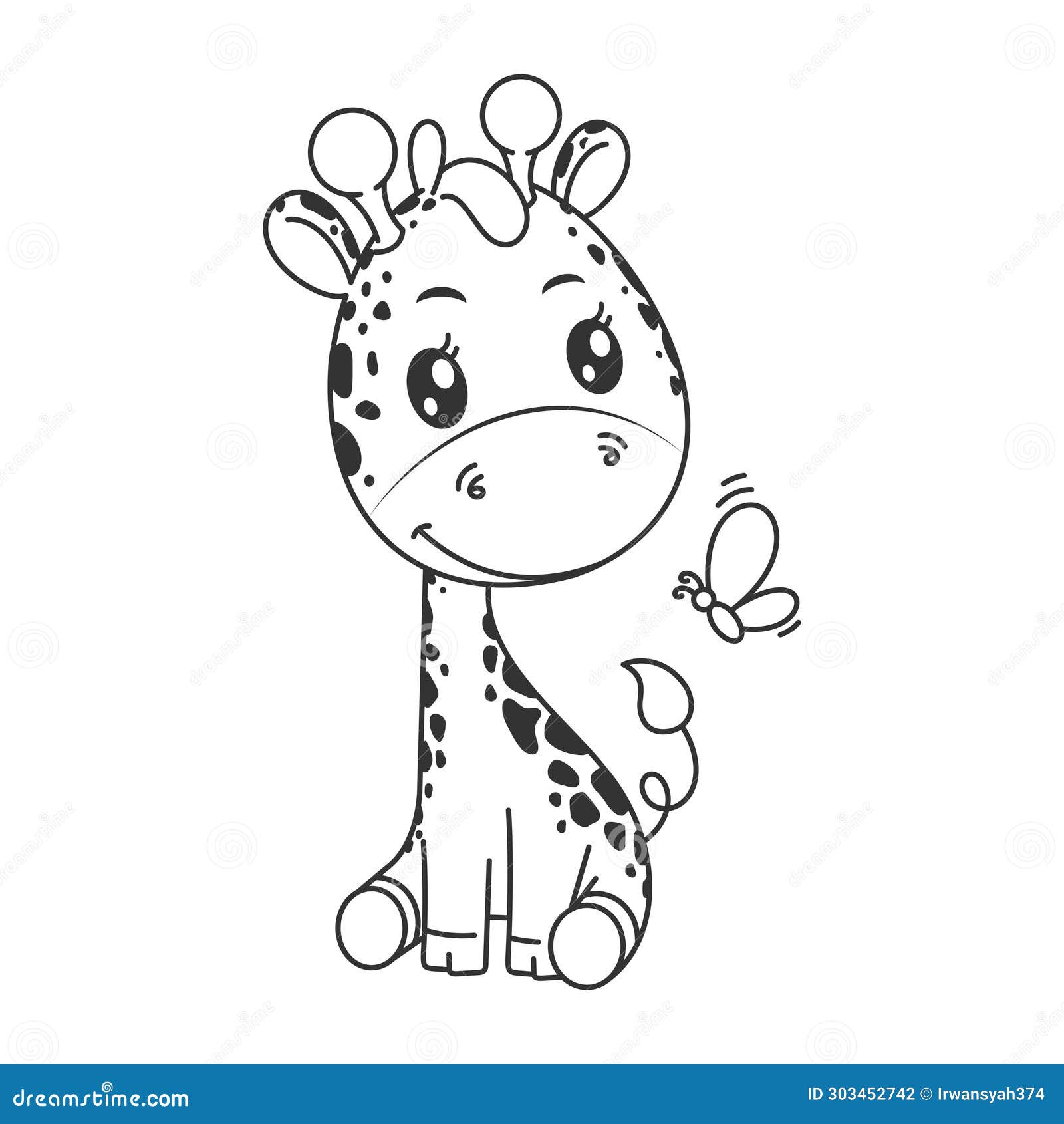 Cute Giraffe Sitting with Butterfly in Cartoon Style for Coloring Stock ...