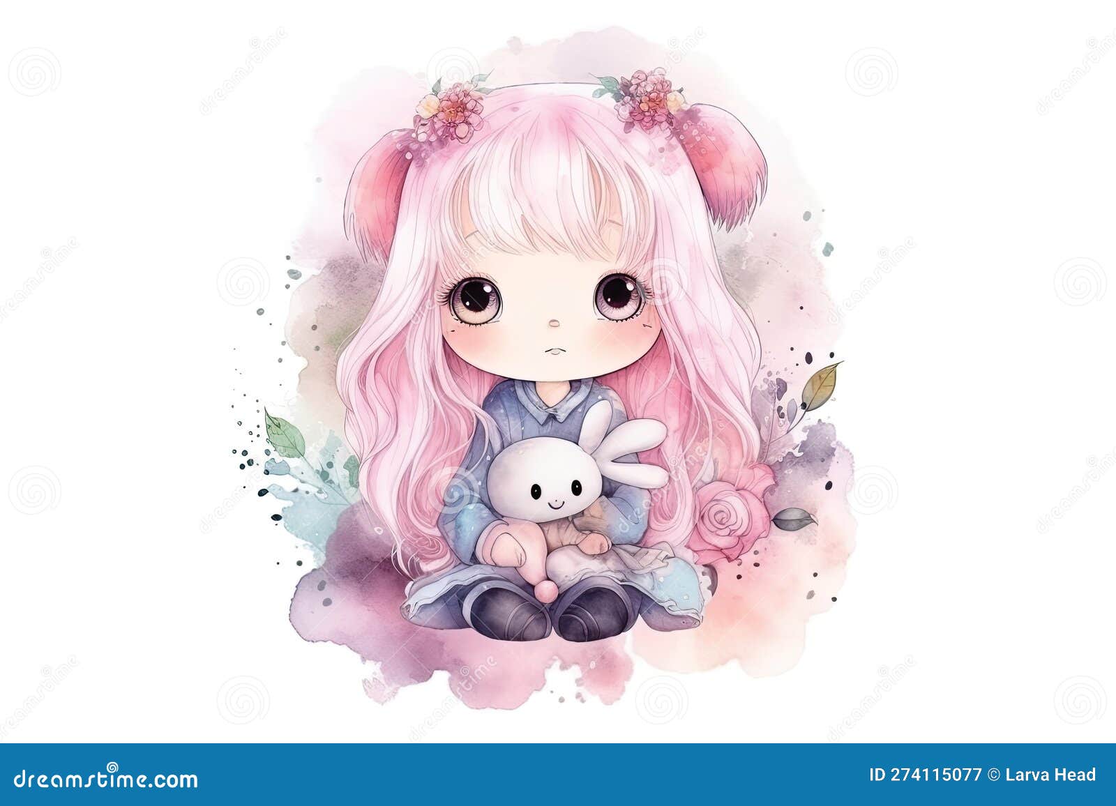 Cute Girl Anime Kawaii Watercolor Ilustration AI Generated Stock