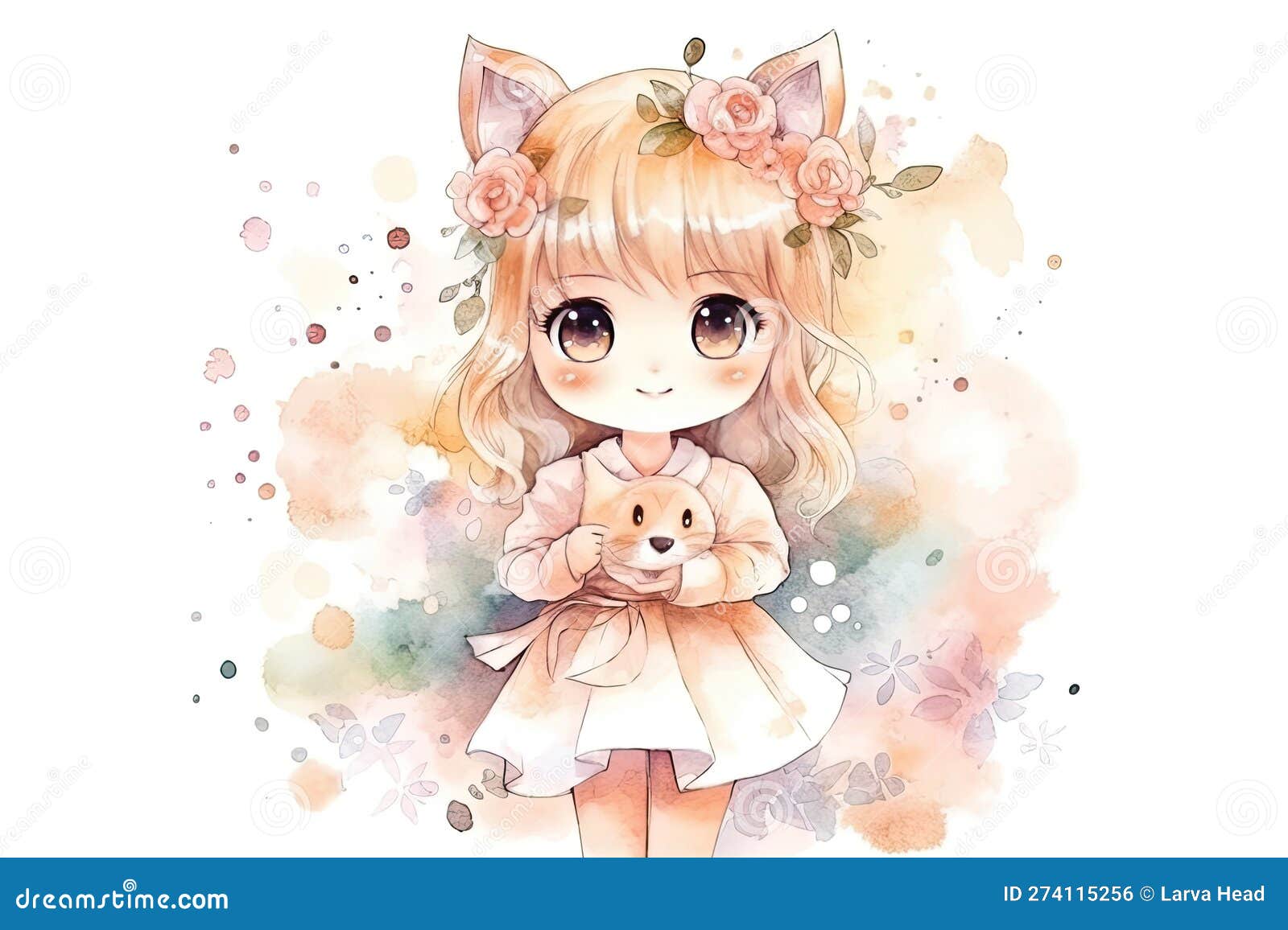 Cute Girl Anime Kawaii Watercolor Ilustration AI Generated Stock