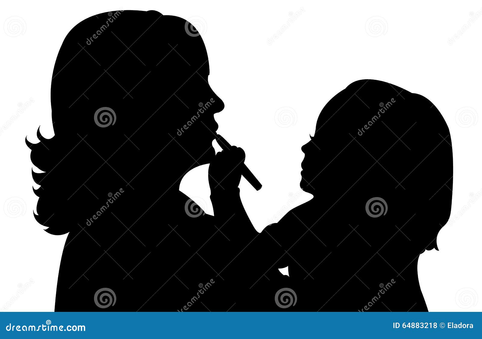 Cute girl applying lipstick on her mom, black color silhouette