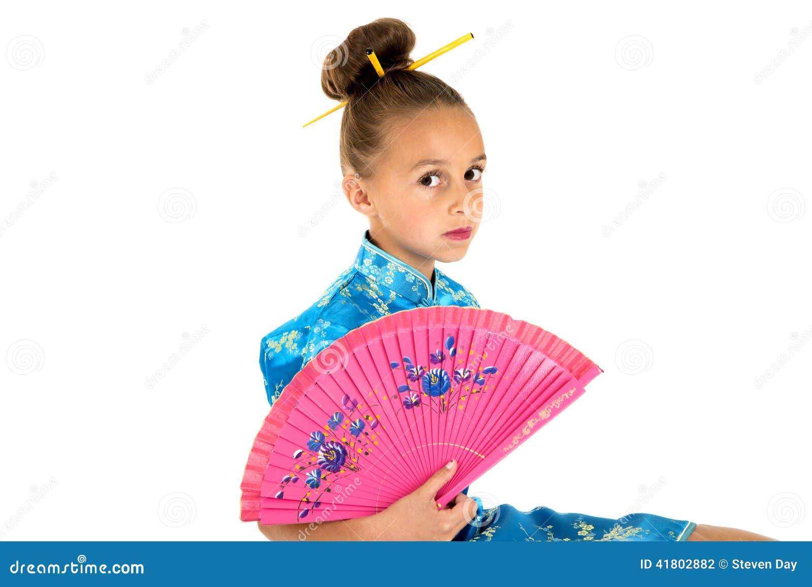 Cute Girl in Chinese Dress Holding a Fan Stock Photo - Image of ...