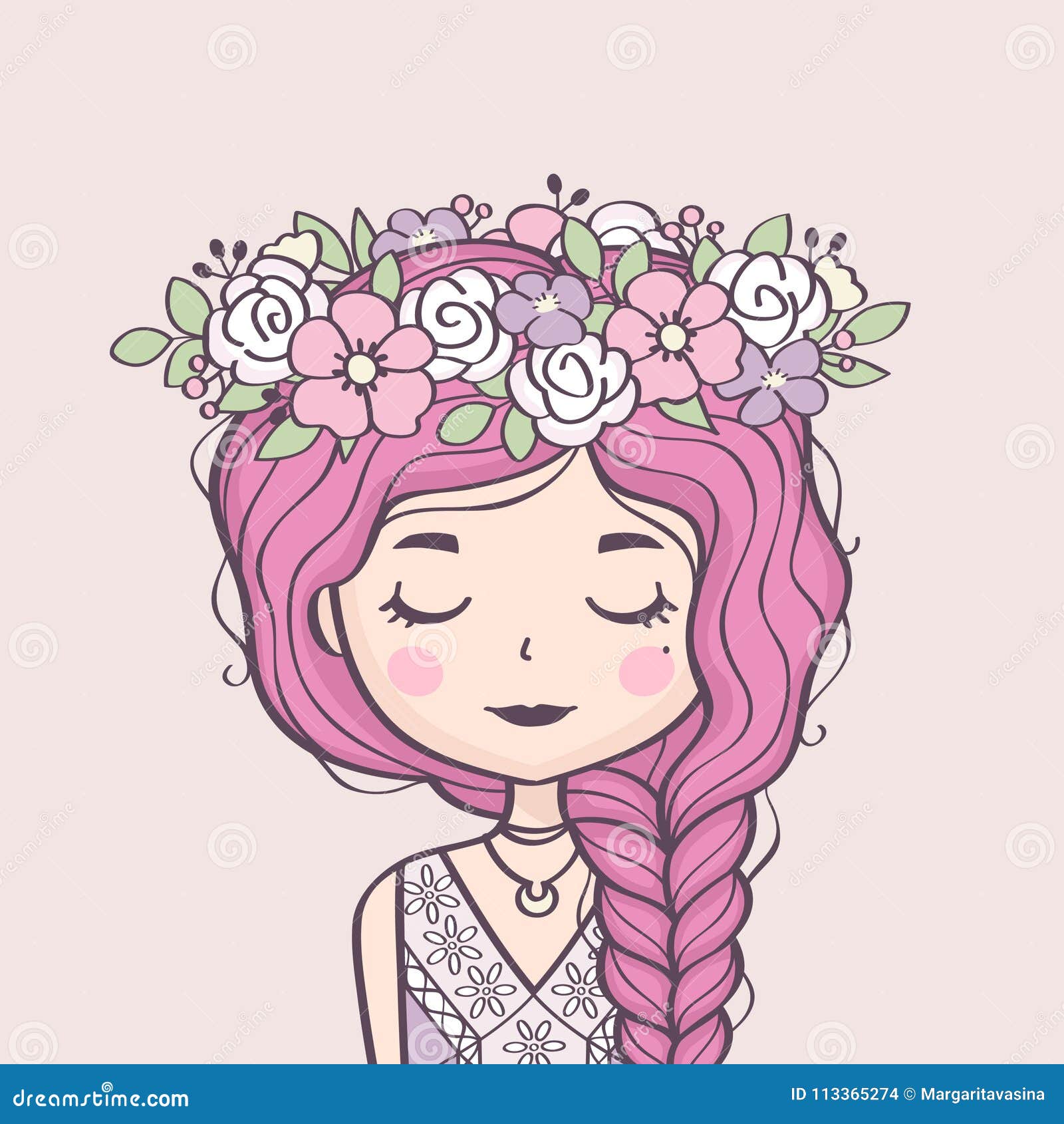 Cute Girl in Flower Wreath. Beautiful Girl with Braid and Flowers Stock ...