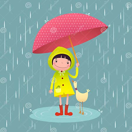 Cute Girl and Friends with Red Umbrella in Rainy Season Stock Vector ...