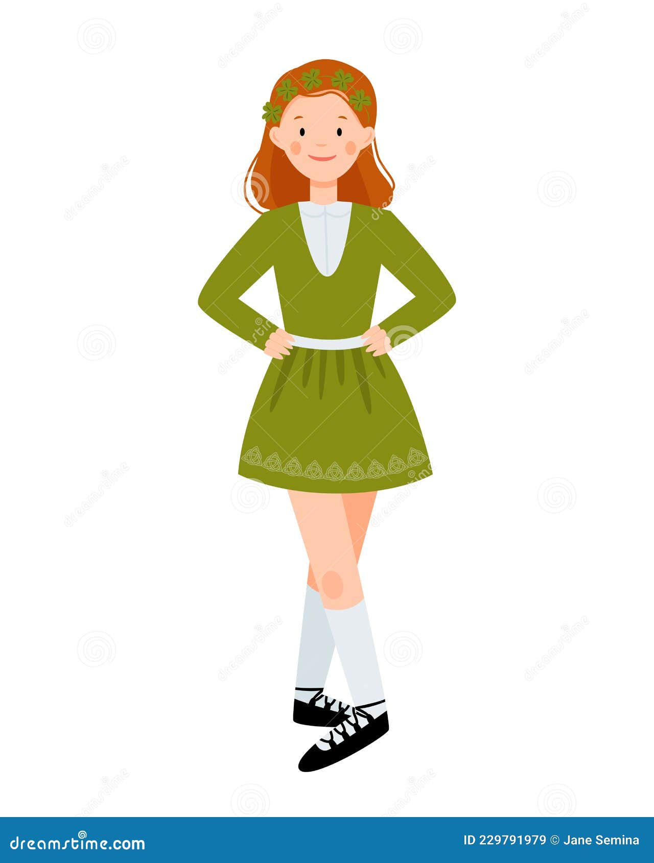 Cute Girl in Green Dress are Dancing. Irish Dancer Isolated on a White ...