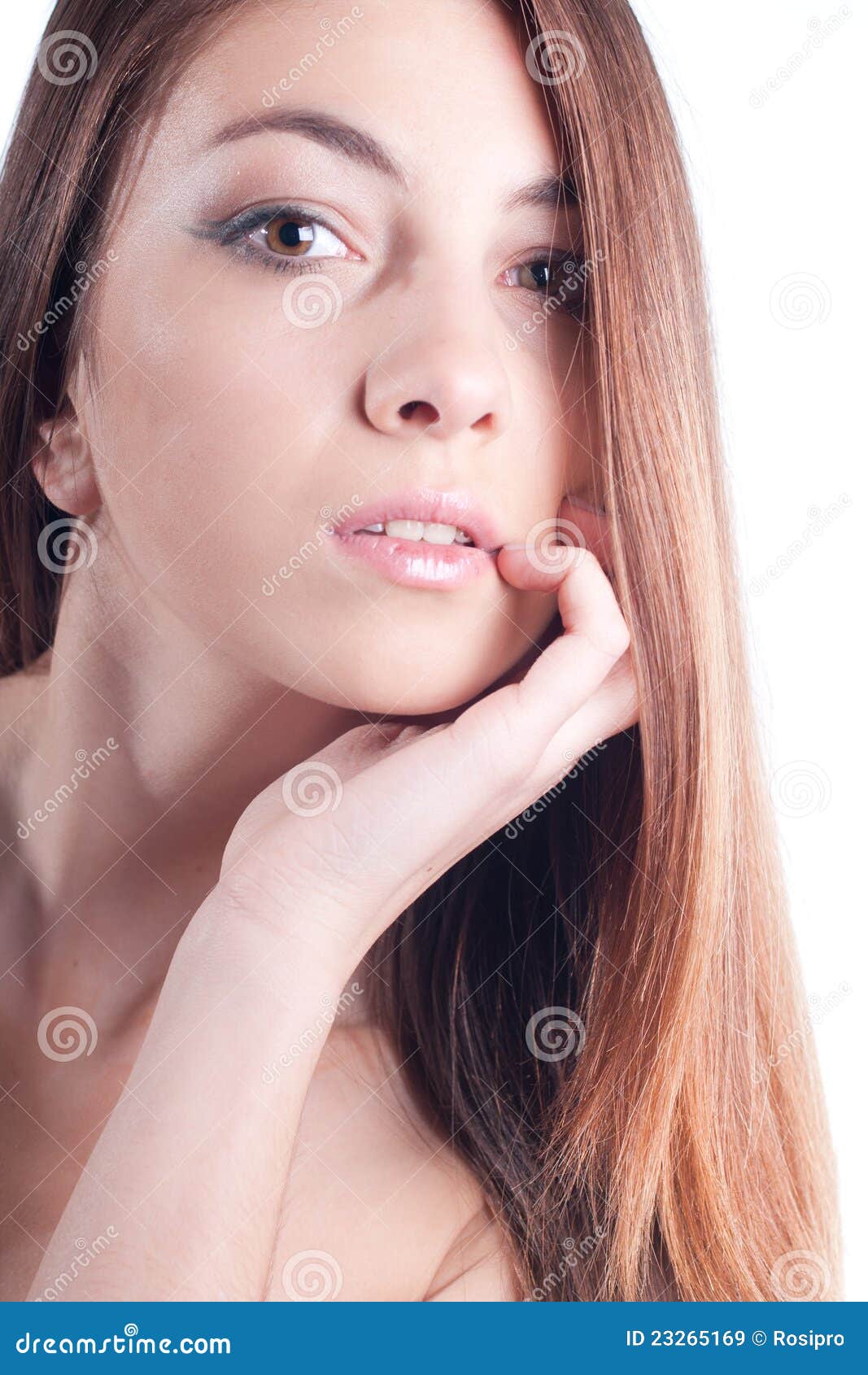 Cute Girl with Hand on Face on White Stock Image Image of calm