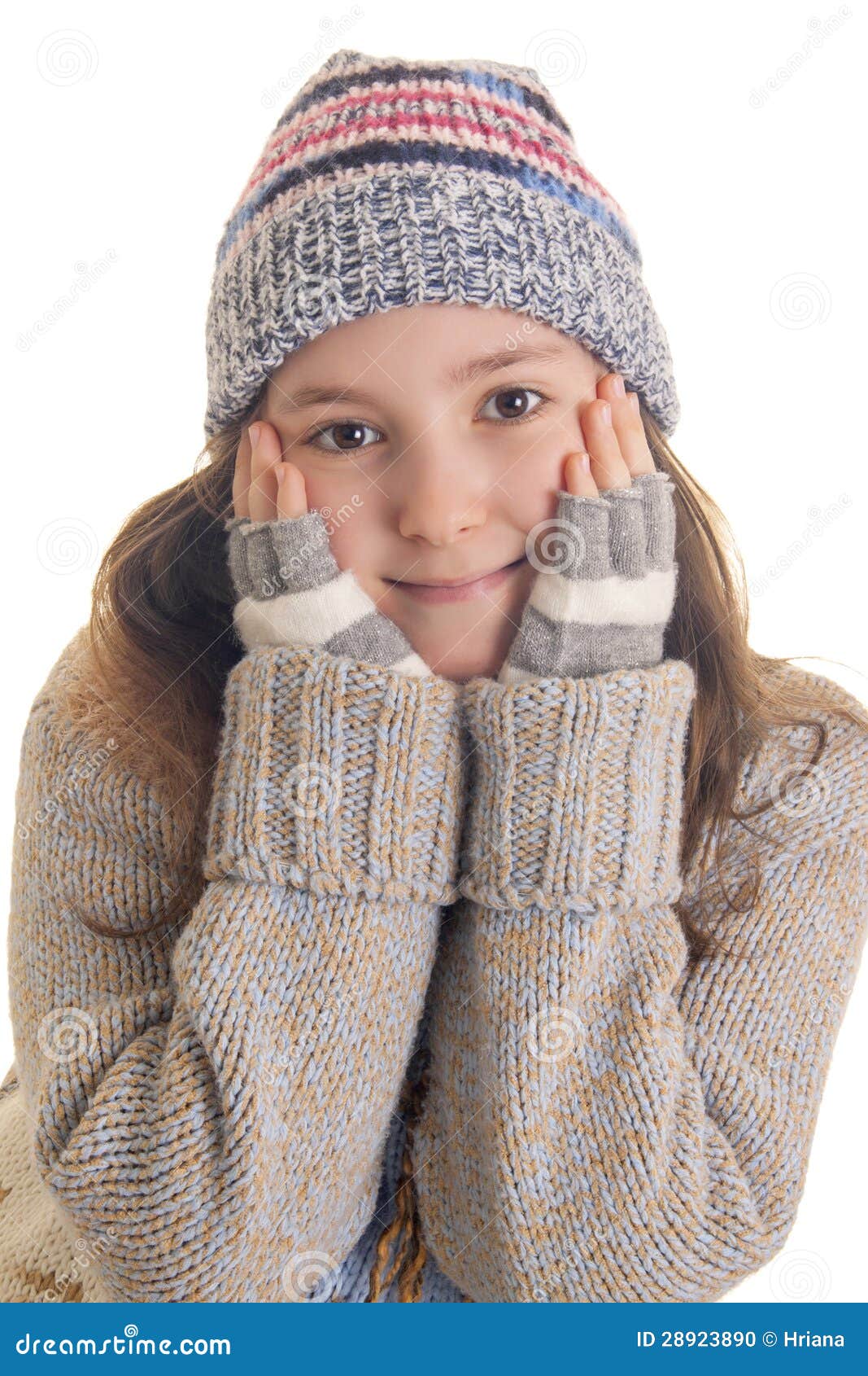 Cute Girl with Hands on Her Cheeks Stock Photo - Image of woolgloves ...