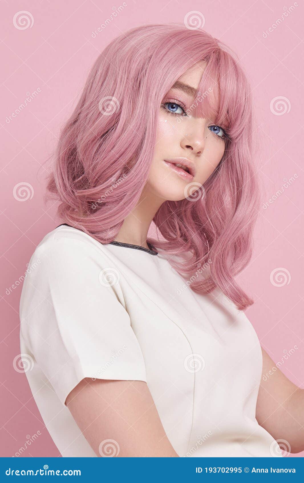 Cute Girl with Long Pink Hair, Hair Coloring. Beautiful Woman on a Pink  Background in a White Dress Stock Image - Image of dress, colorful:  193702995