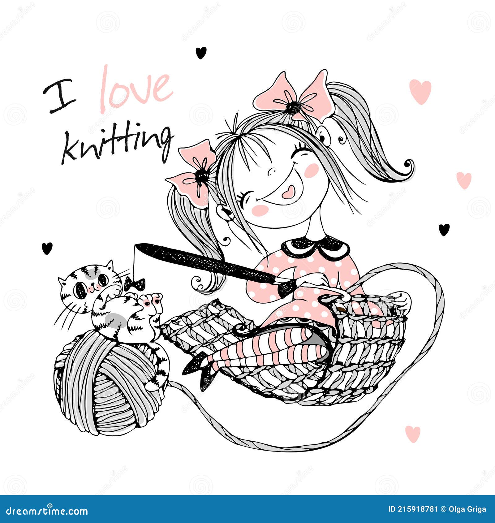 Cute Girl Needlewoman with a Cat Knits Crochet. Vector Stock