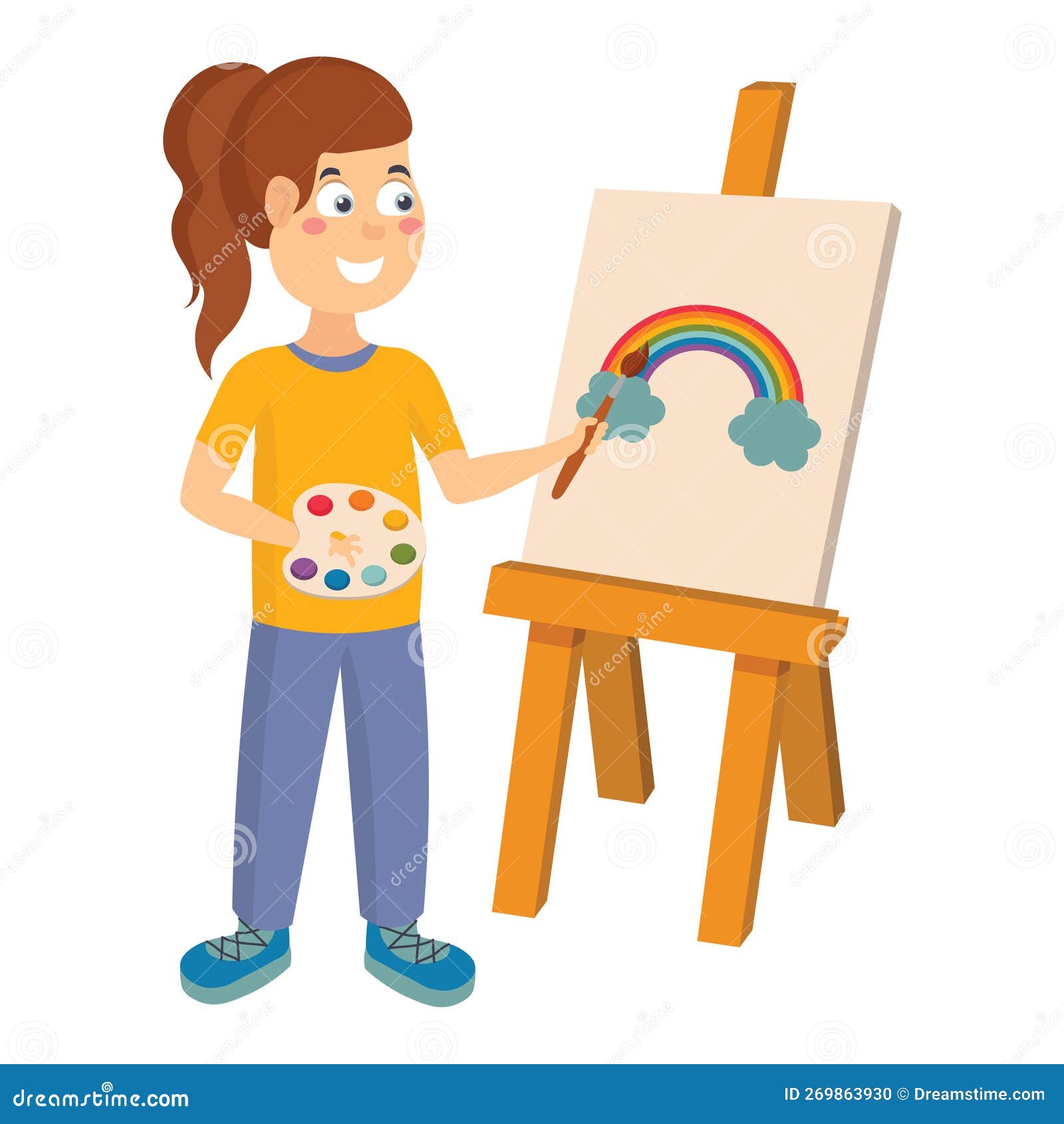 Cute Girl Painting the Rainbow on the Easel in Flat Cartoon Style ...