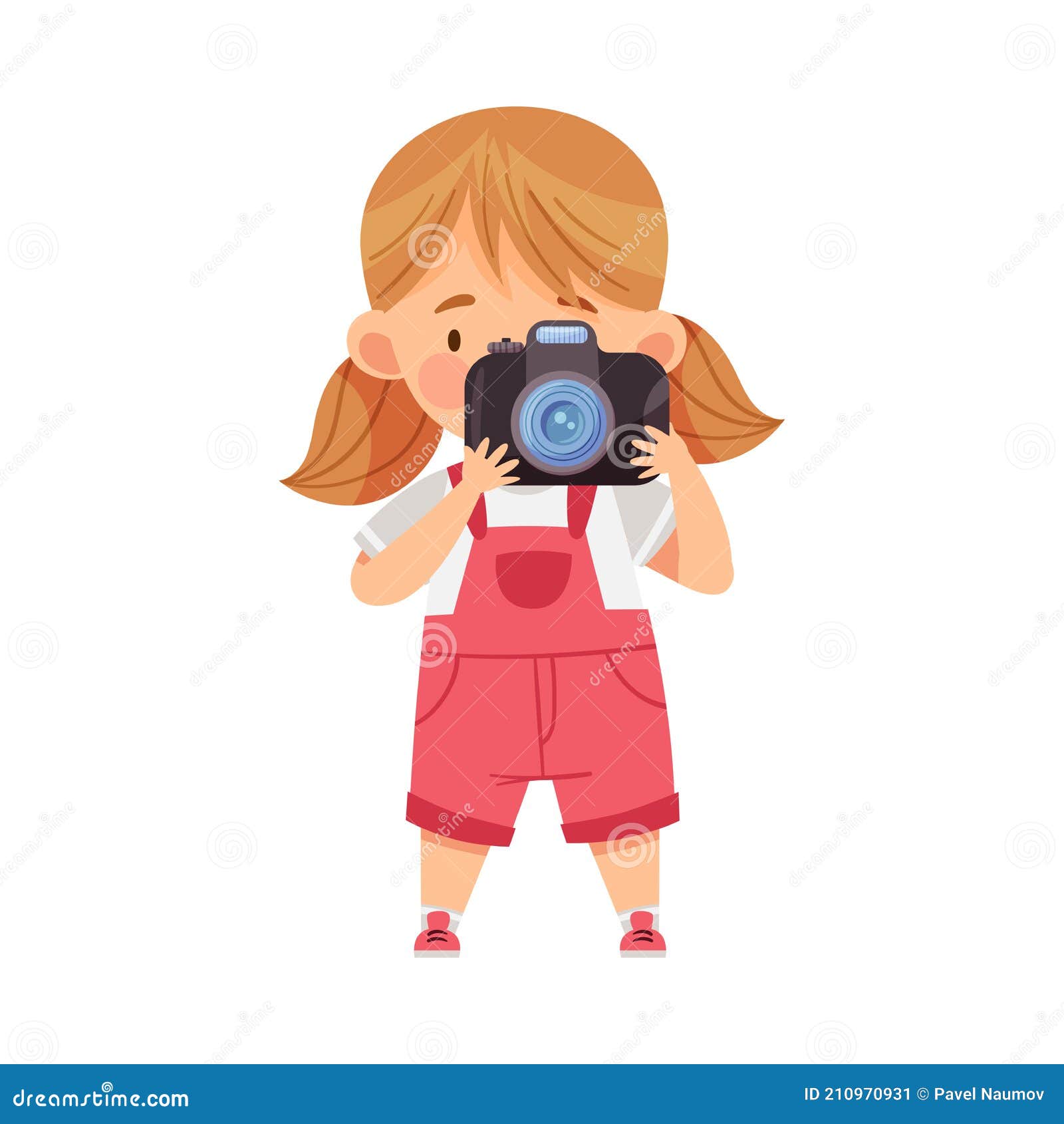 Cute Girl with Ponytails Holding Camera and Taking Photo Vector ...