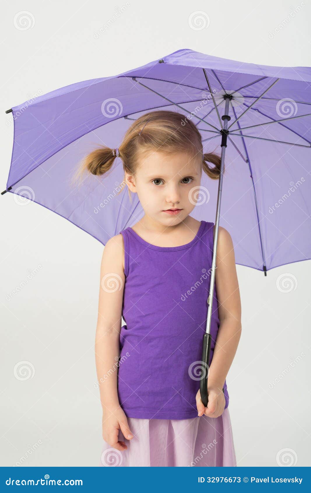 A Cute Girl in a Purple Clothes with Umbrella Stock Image - Image of ...