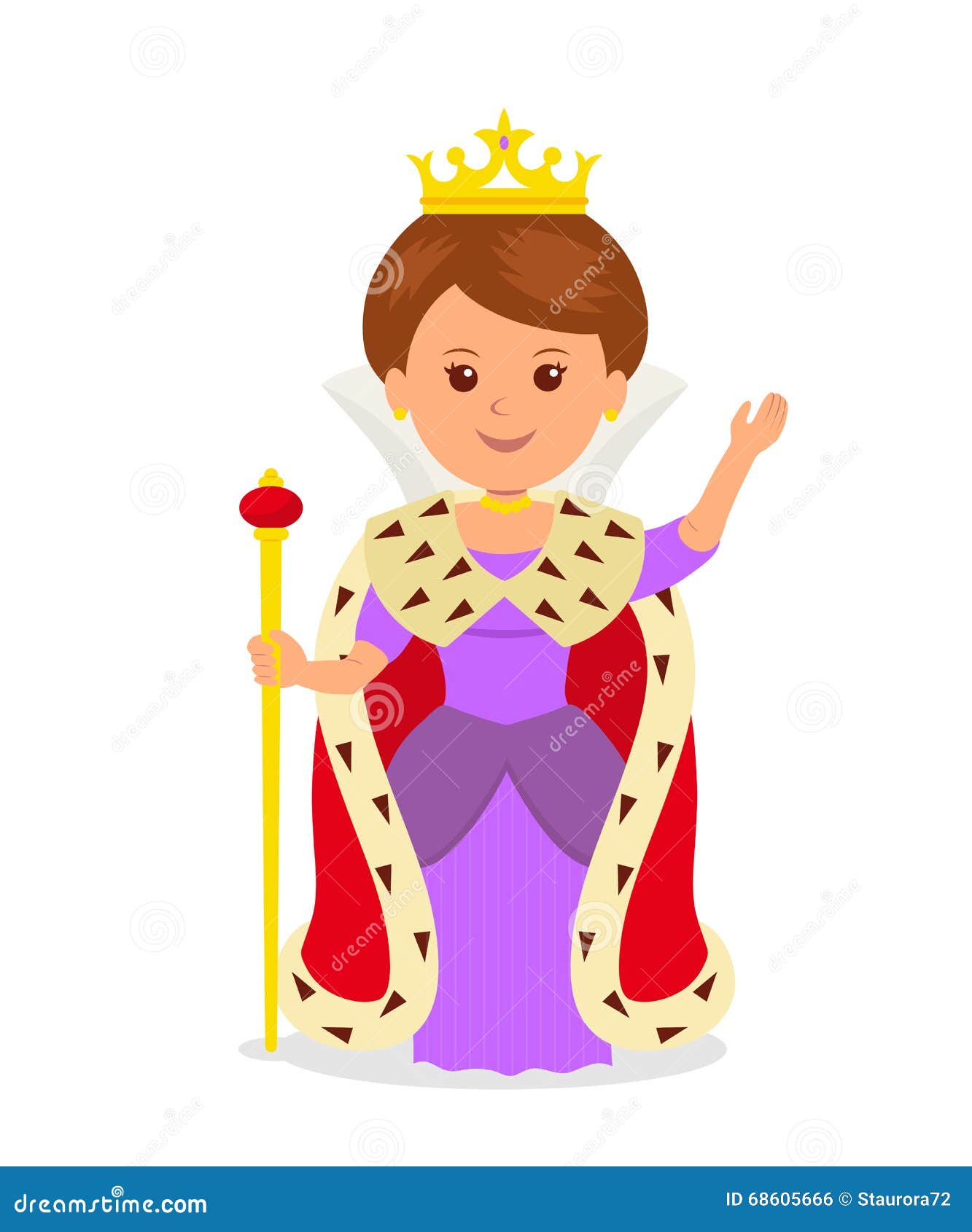 cute girl queen. female character in a princess costume with a crown and scepter on a white background
