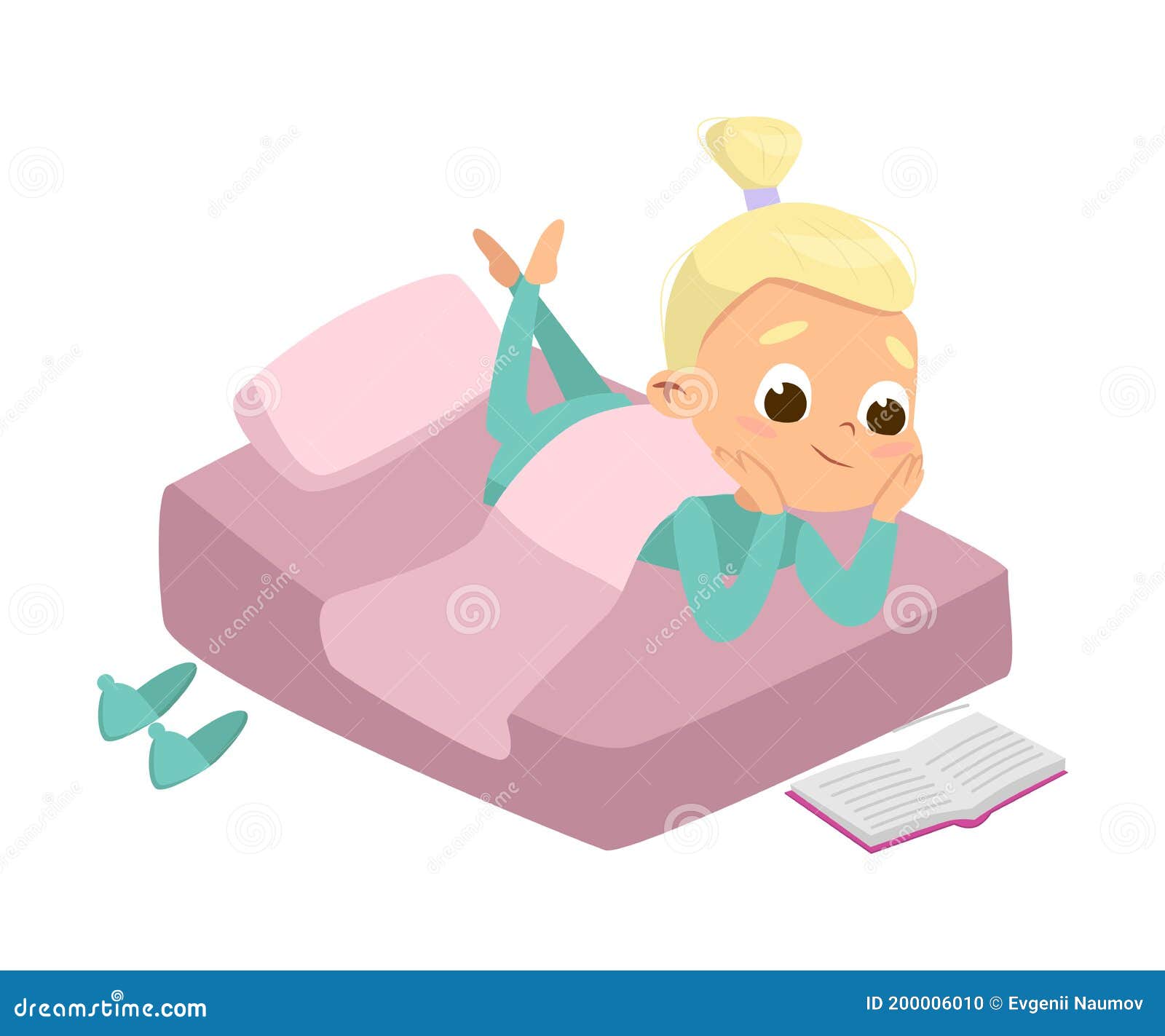 Cute Girl Reading Book In Her Bed Before Bedtime Cartoon Style Vector