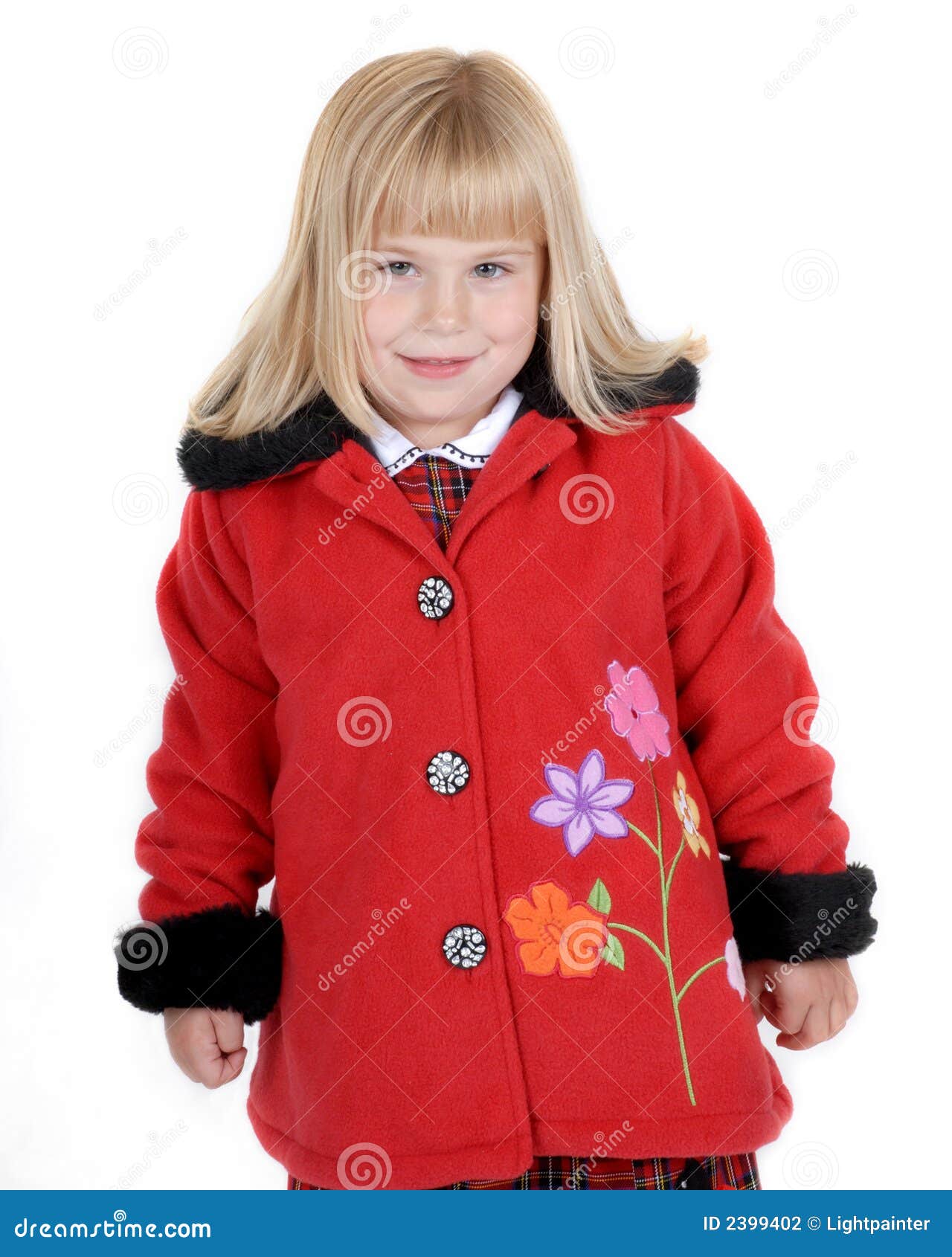 Cute girl in red coat stock photo. Image of smiling, cheerful 2399402
