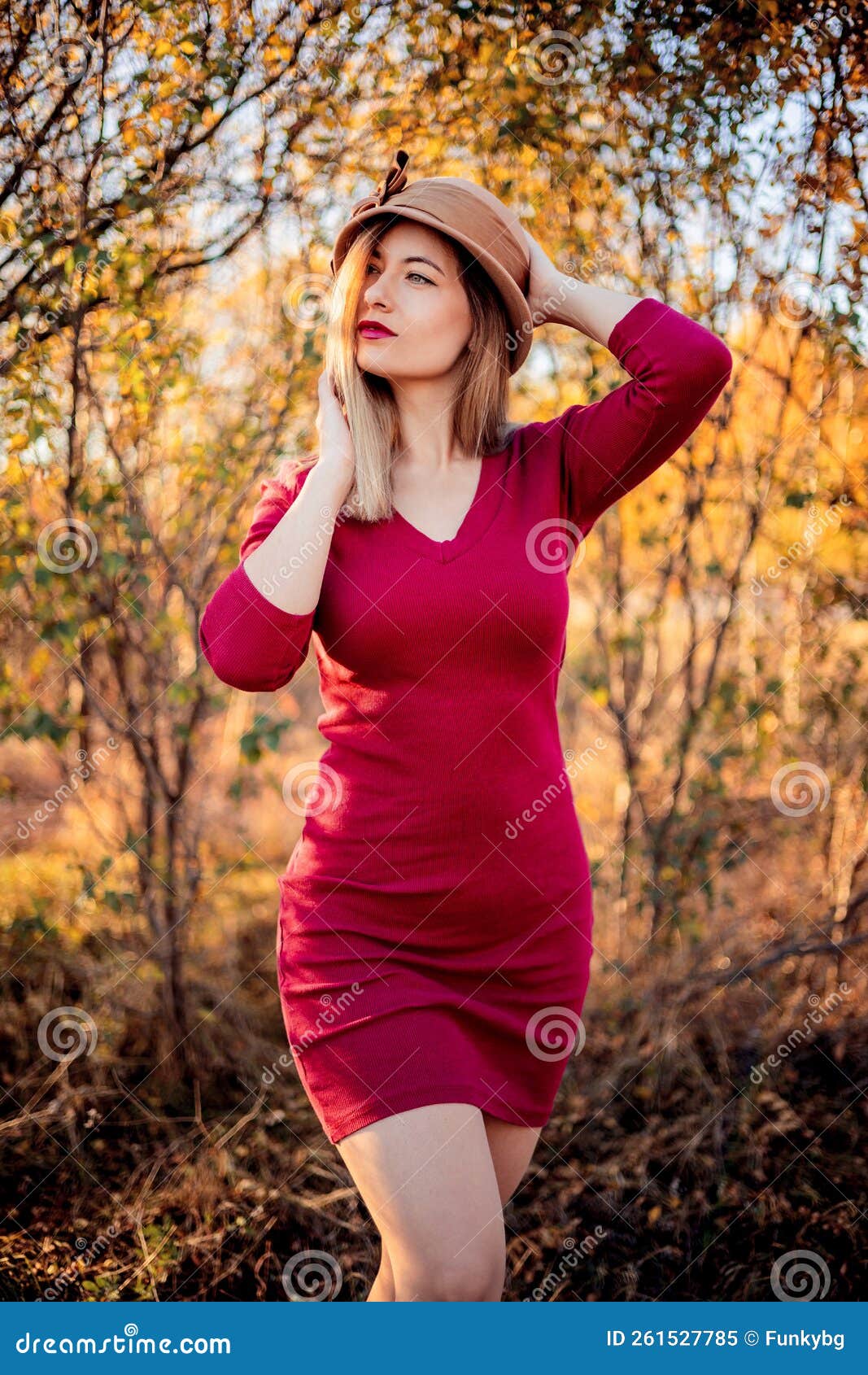 Cute Girl In Red Dress With Old Fashion Hat Retro Vibes In A Fall Scene Stock Image Image Of