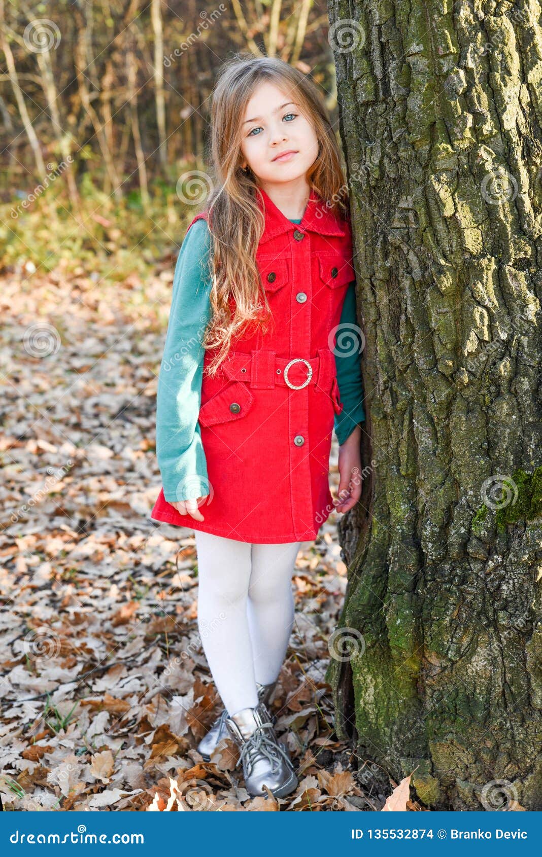 Cute Girl in Red Dress Stands Next To the Big Tree Stock Photo - Image ...