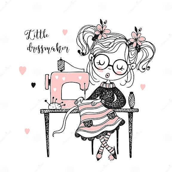 Cute Girl Seamstress Sews on a Sewing Machine Dress. Doodle Style Stock ...