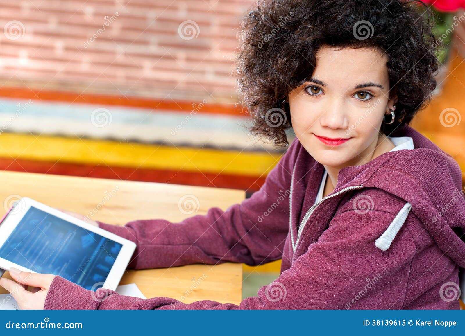 Cute Girl Sitting at Desk with Tablet. Stock Image Image of girl